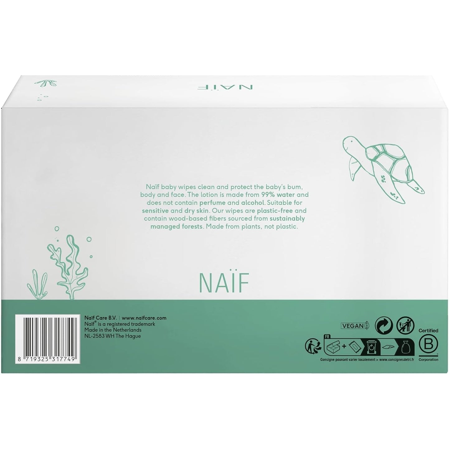 Naïf - Plastfria våtservetter - 1296 stycken (24 stycken X 54 våtservetter) - Babybotten, kropps- och ansiktsvård - 99 % vatten - 0 % doft och alkohol