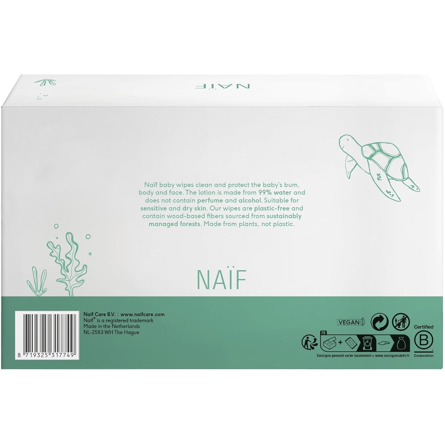 Naïf - Plastfria våtservetter - 1296 stycken (24 stycken X 54 våtservetter) - Babybotten, kropps- och ansiktsvård - 99 % vatten - 0 % doft och alkohol
