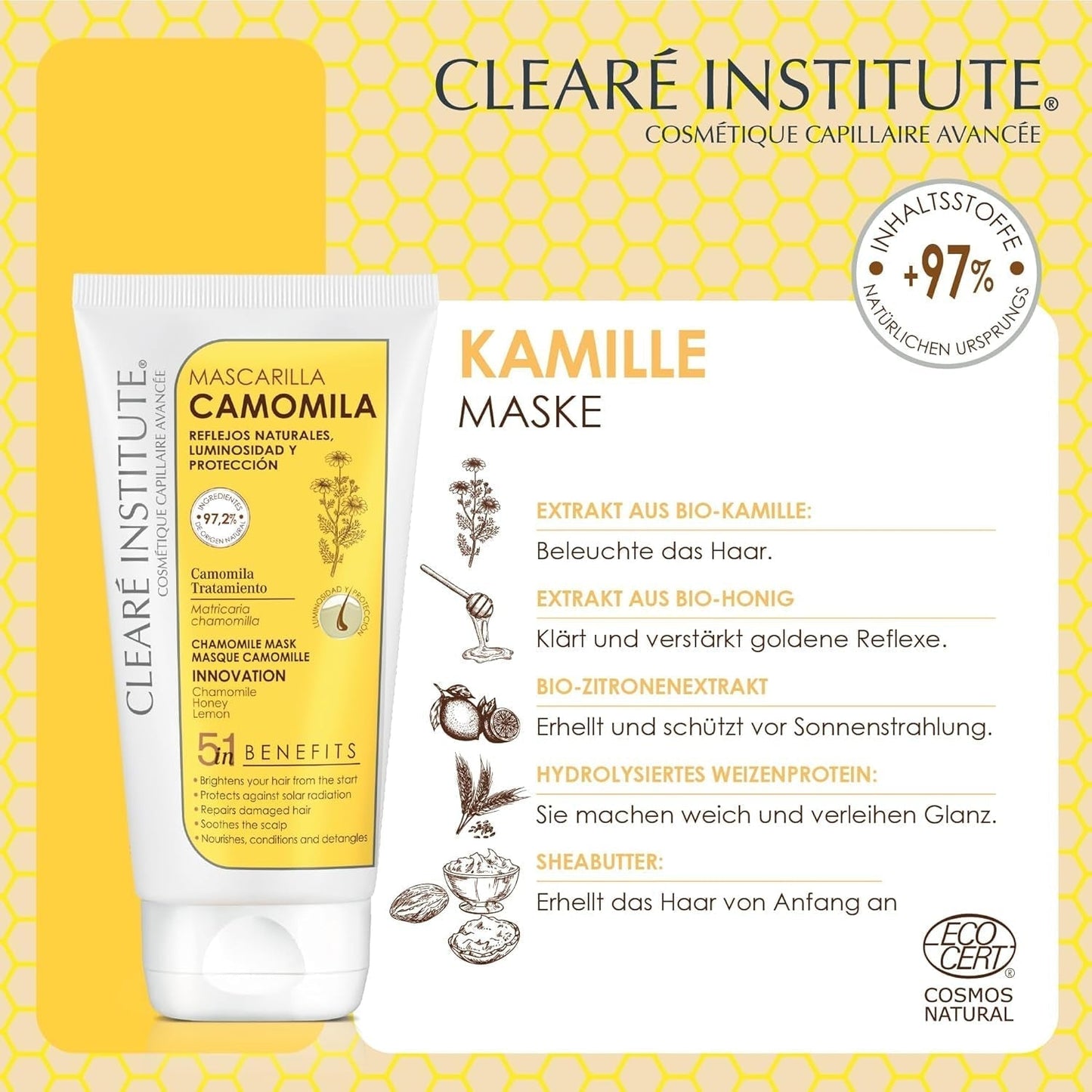 Clearé Institute | Kamomillmask | Ger näring, tillstånd och reder ut | Golden Shine and Shine | 97% naturliga ingredienser | Lugnar hårbotten Med kamomillextrakt |150 ml Naty Shop hårmask