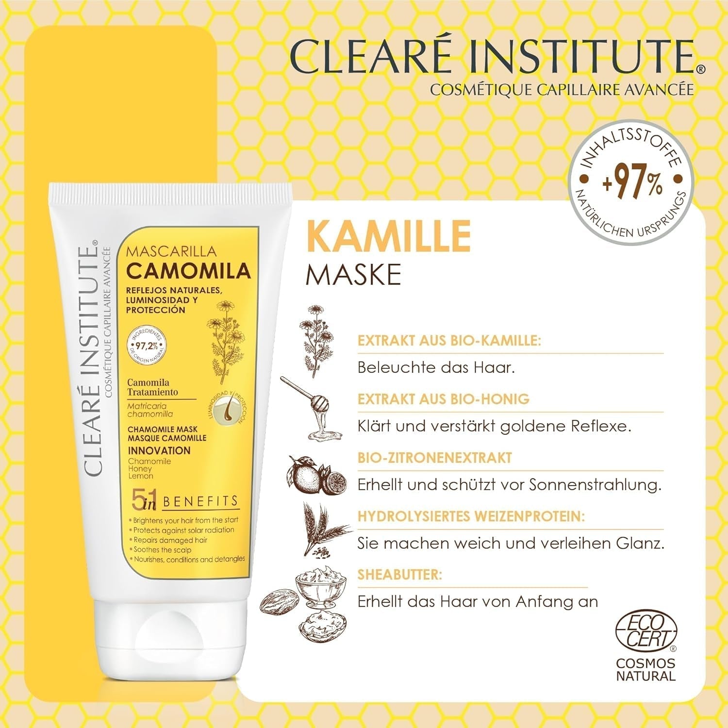 Clearé Institute | Kamomillmask | Ger näring, tillstånd och reder ut | Golden Shine and Shine | 97% naturliga ingredienser | Lugnar hårbotten Med kamomillextrakt |150 ml Naty Shop hårmask