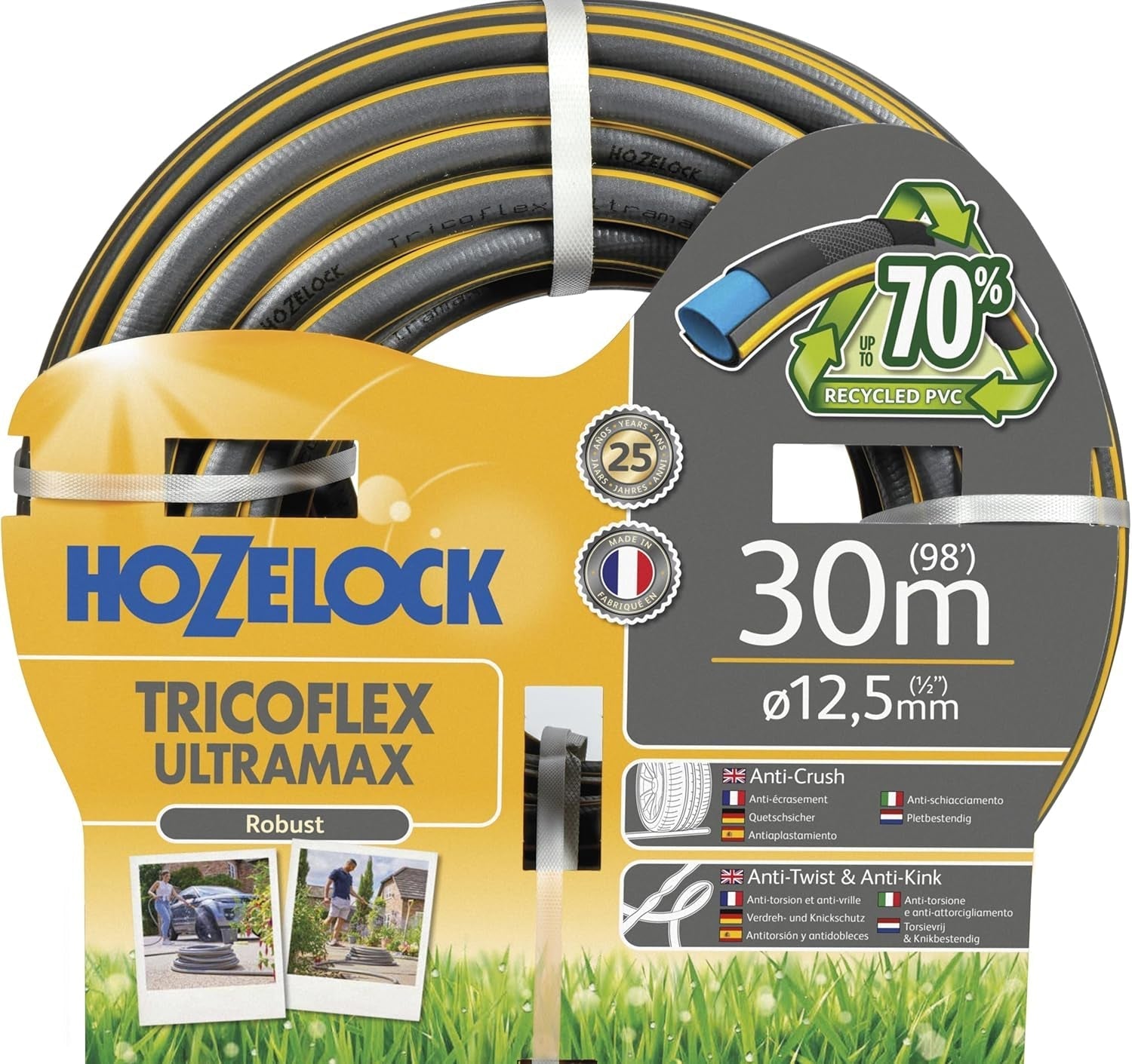 HOZELOCK-slang - Ultramax 12,5 mm x 30 m, upp till 70 % återvunnen PVC, robust, väderbeständig, vridfri, böj- och krossbeständig, grå