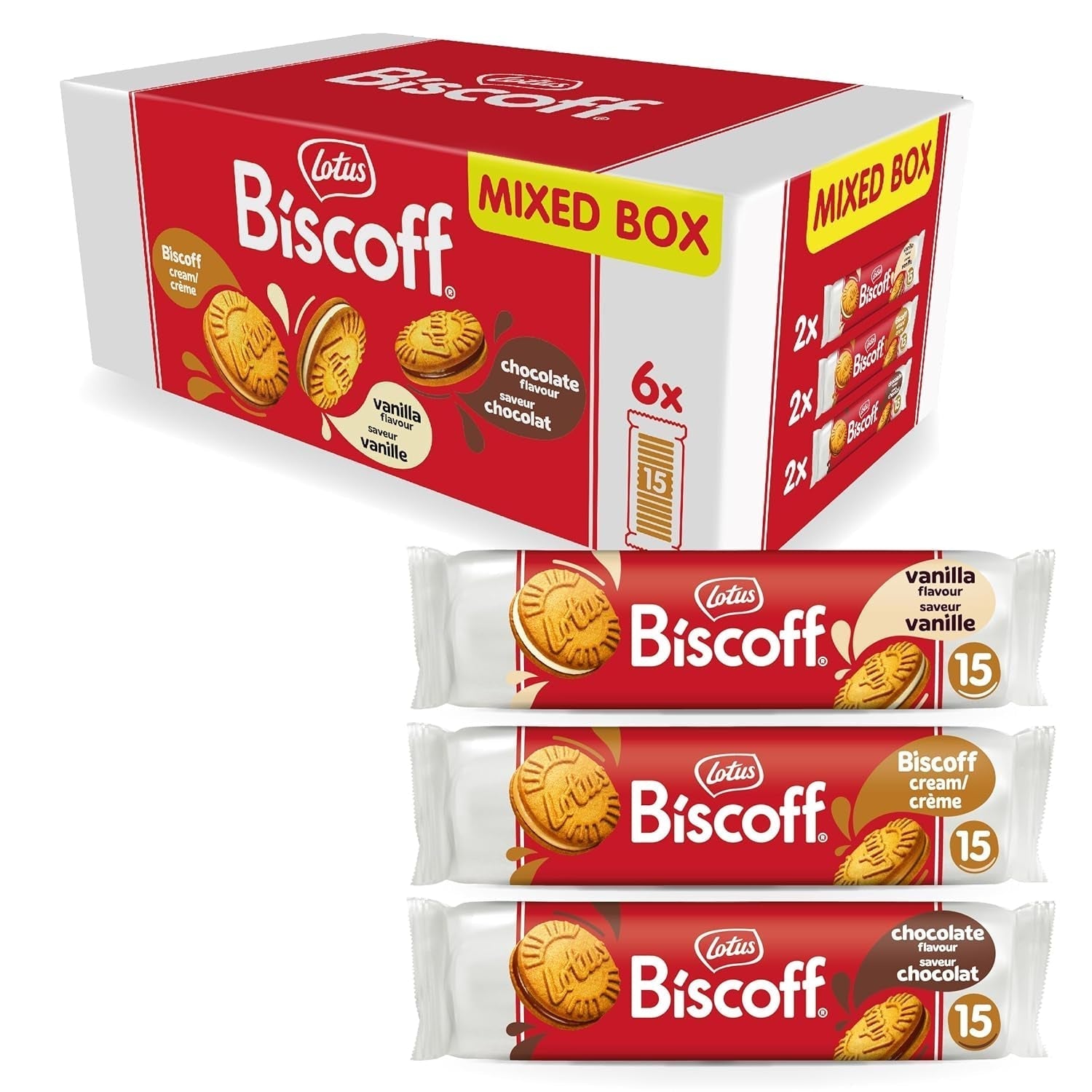 Lotus Biscoff | Dubbel kex Variety Pack | 3 sorter | 2 paket per sort | 15 dubbla kex per förpackning | Ingredienser av naturligt ursprung | Inga färgämnen | 6 x 150g | 900 g