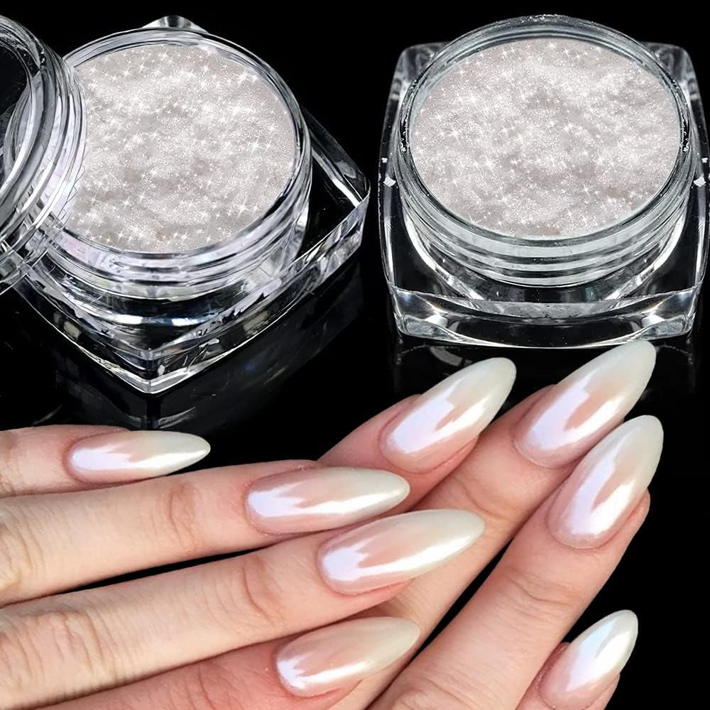 2 Schachteln Weiße Perle Chrom Nagelpuder - Transparent Aurora Ice Shimmer Chrome Pigment Pulver Für Nägel, Glaserad Donut Glitzerpuder Nails Spiegeleffekt-Glitter Nagelkunst-Pulver Für Diy-Salon