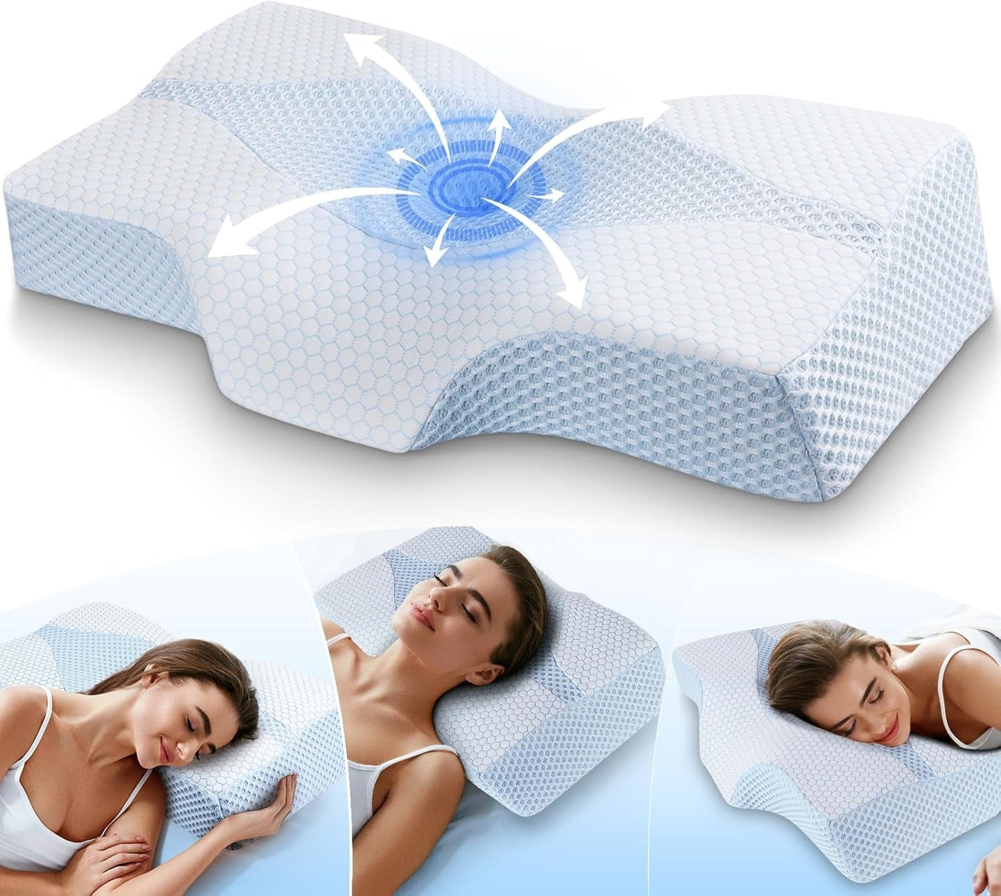 Memory Foam Nackkudde Ergonomisk ortopedisk kudde för smärta i nacke och axlar - Svalkande sovkudde för sido-, rygg- och magsliprar med nackstöd Cervikala ortopediska kuddar Naty Shop 01-Blå Standardstorlek (25 * 16 * 4,2/5,3) 01-(25.*" storlek) 01-(25.* 25.*" storlek)