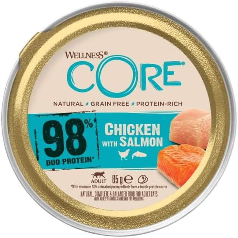 Wellness CORE 98% 12 x 85g, kyckling och lax - våt kattmat, tjock paté, spannmålsfri, naturlig, hypoallergen, hög proteinhalt, hög halt av kött
