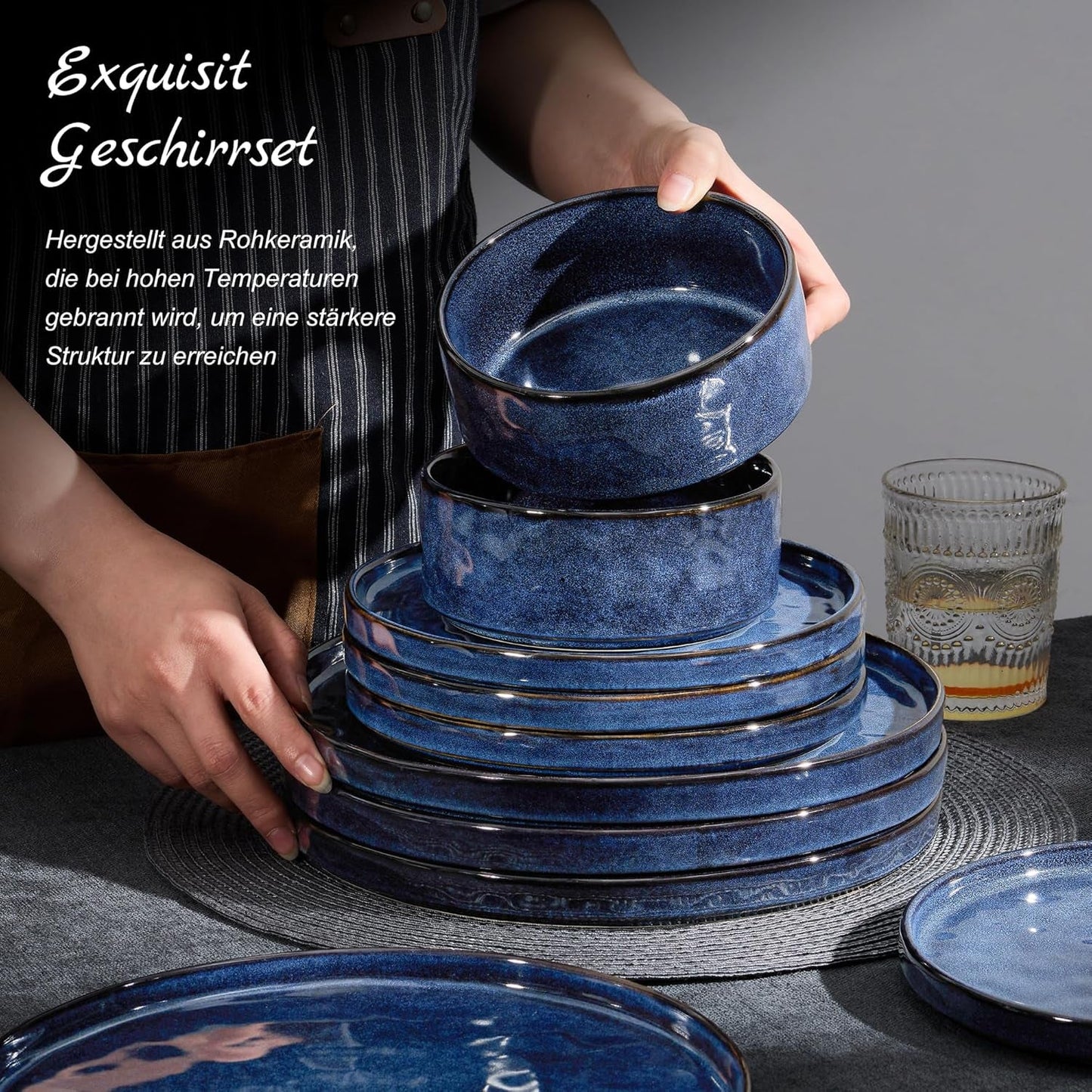 Homikit servisset, 12-delat servisset för 4, middagsservicekombination med tallrikar, desserttallrikar och spannmålsskålar, tål mikrovågsugn och diskmaskin, elegant blå