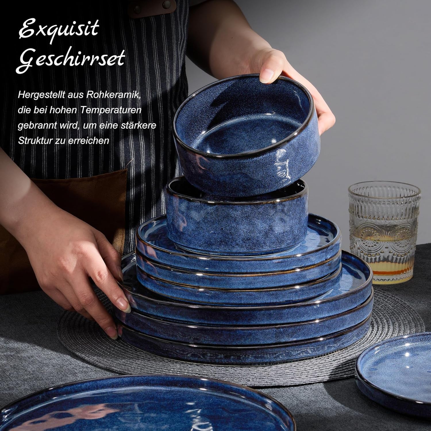 Homikit servisset, 12-delat servisset för 4, middagsservicekombination med tallrikar, desserttallrikar och spannmålsskålar, tål mikrovågsugn och diskmaskin, elegant blå
