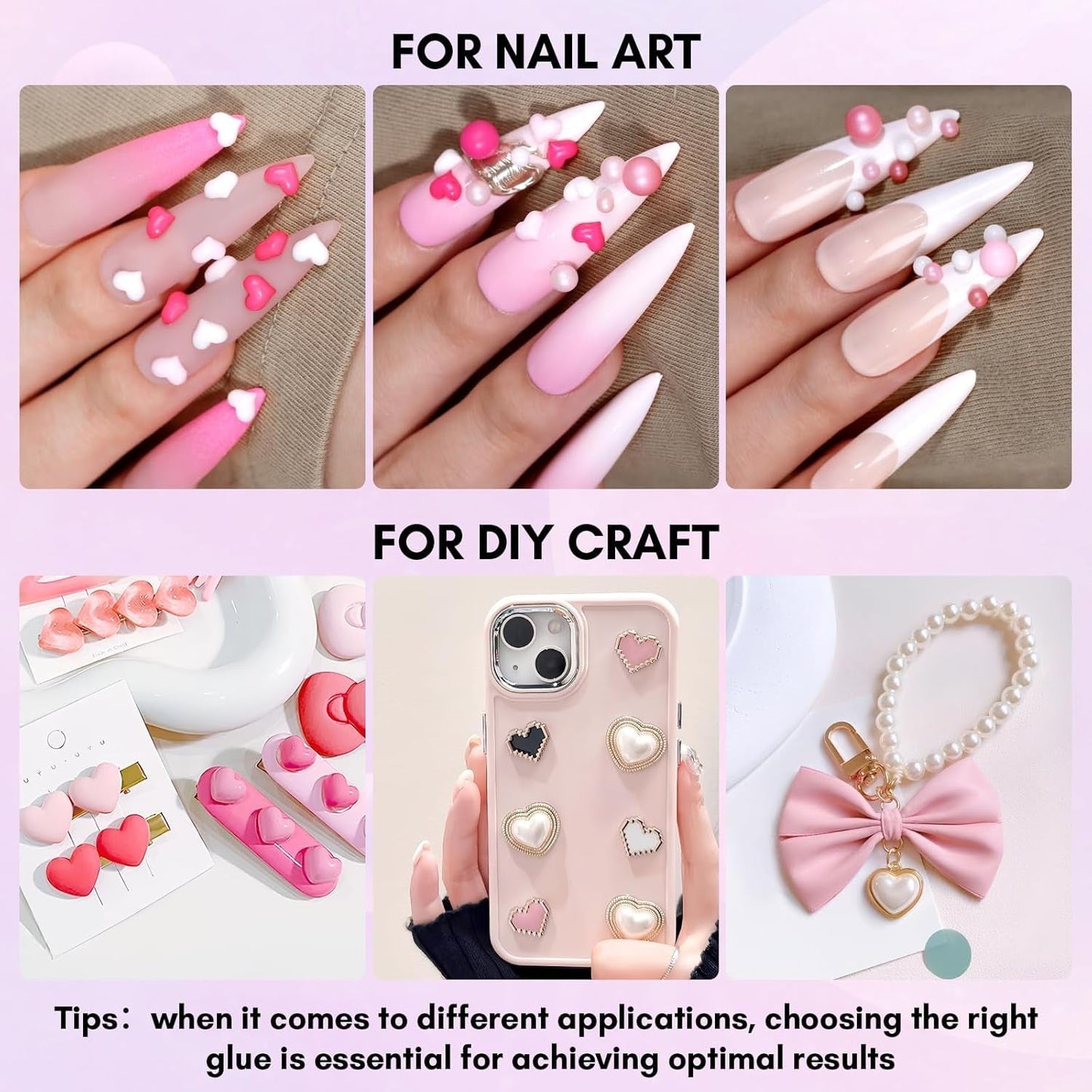 Makartt Rhinestone Adhesive Gel - 15ml UV Nagellim Set med Rosa Nail Charms Heart Circle Nail Smycken och Nageldesign Tillbehör för Hemmanikyr Alla hjärtans dag present