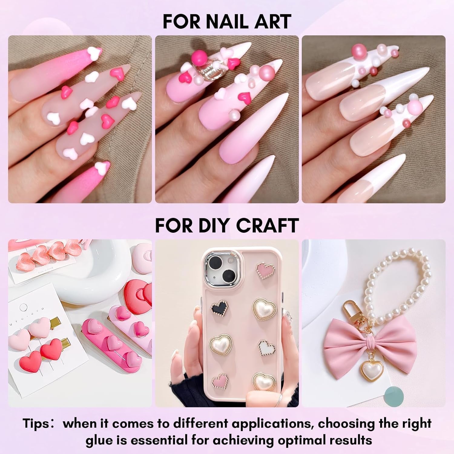 Makartt Rhinestone Adhesive Gel - 15ml UV Nagellim Set med Rosa Nail Charms Heart Circle Nail Smycken och Nageldesign Tillbehör för Hemmanikyr Alla hjärtans dag present