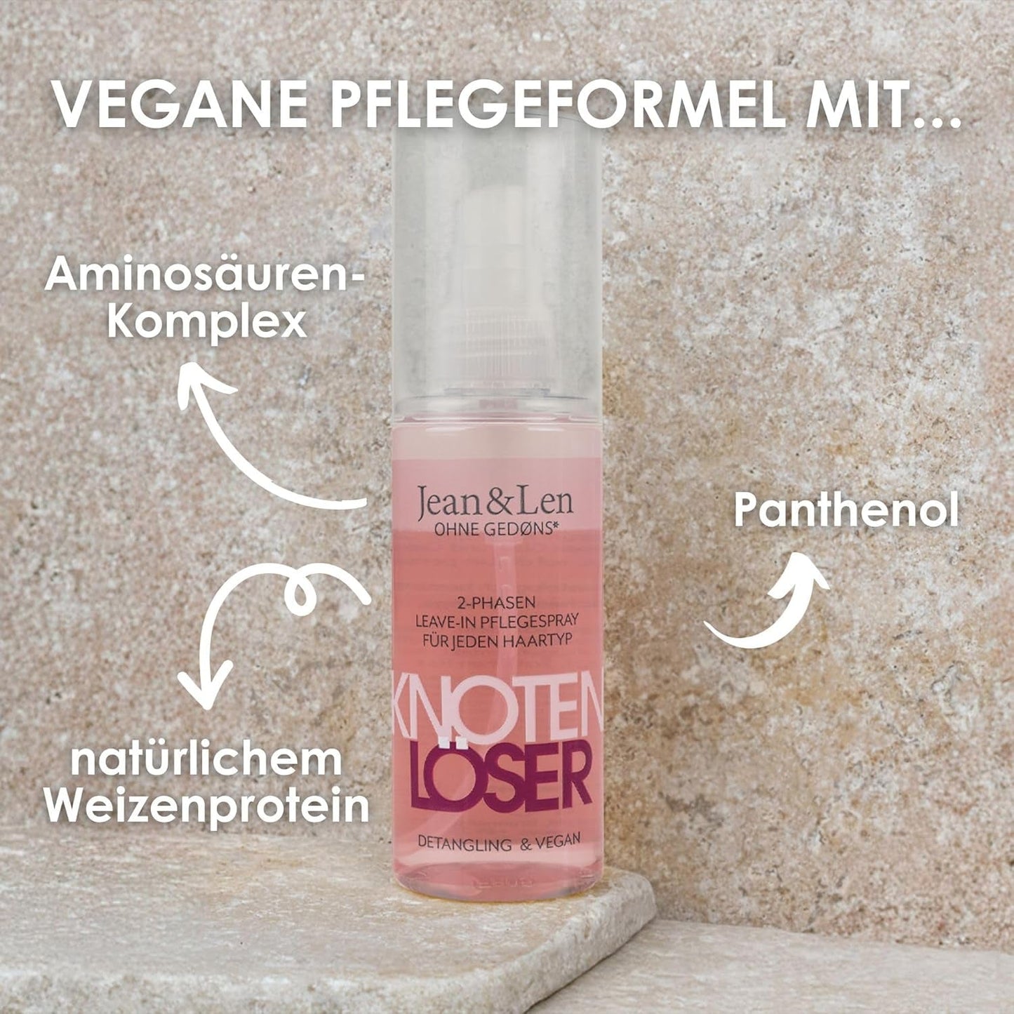 Jean & Len Knot Remover 2-Phase Leave-In Conditioning Spray, lämplig för alla hårtyper, reder ut håret och förbättrar kambarheten, fräsch doft, trasselfri, silikon- och parabenfri, vegan, 100ml Detangling-produkter Naty Shop