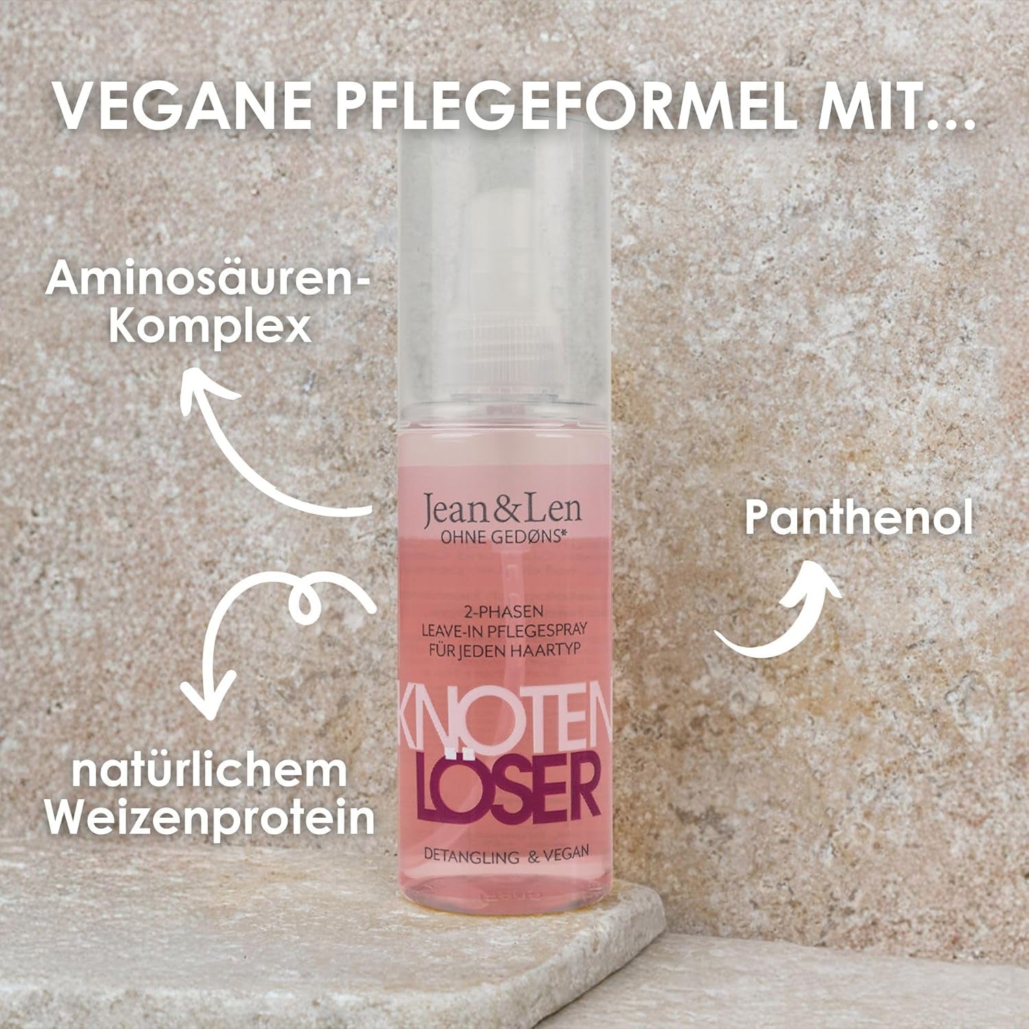 Jean & Len Knot Remover 2-Phase Leave-In Conditioning Spray, lämplig för alla hårtyper, reder ut håret och förbättrar kambarheten, fräsch doft, trasselfri, silikon- och parabenfri, vegan, 100ml Detangling-produkter Naty Shop
