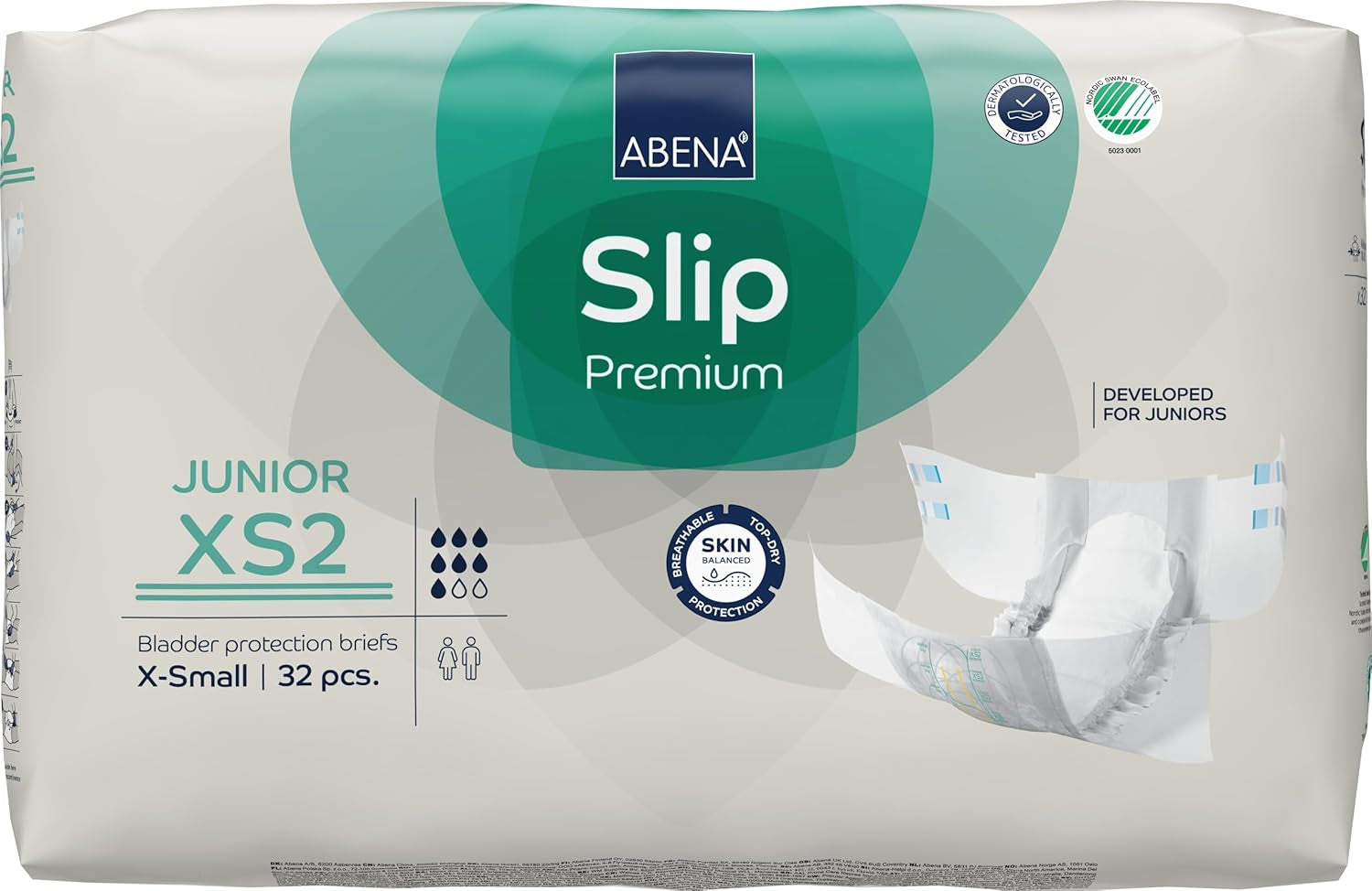 Premium juniorblöjor, miljömärkt, förbättrat läckageskydd, säkra och bekväma babyblöjor - storlek 7/XS2, midjemått 40-60 cm, åldrar 5-15 år, 1 x 32-pack