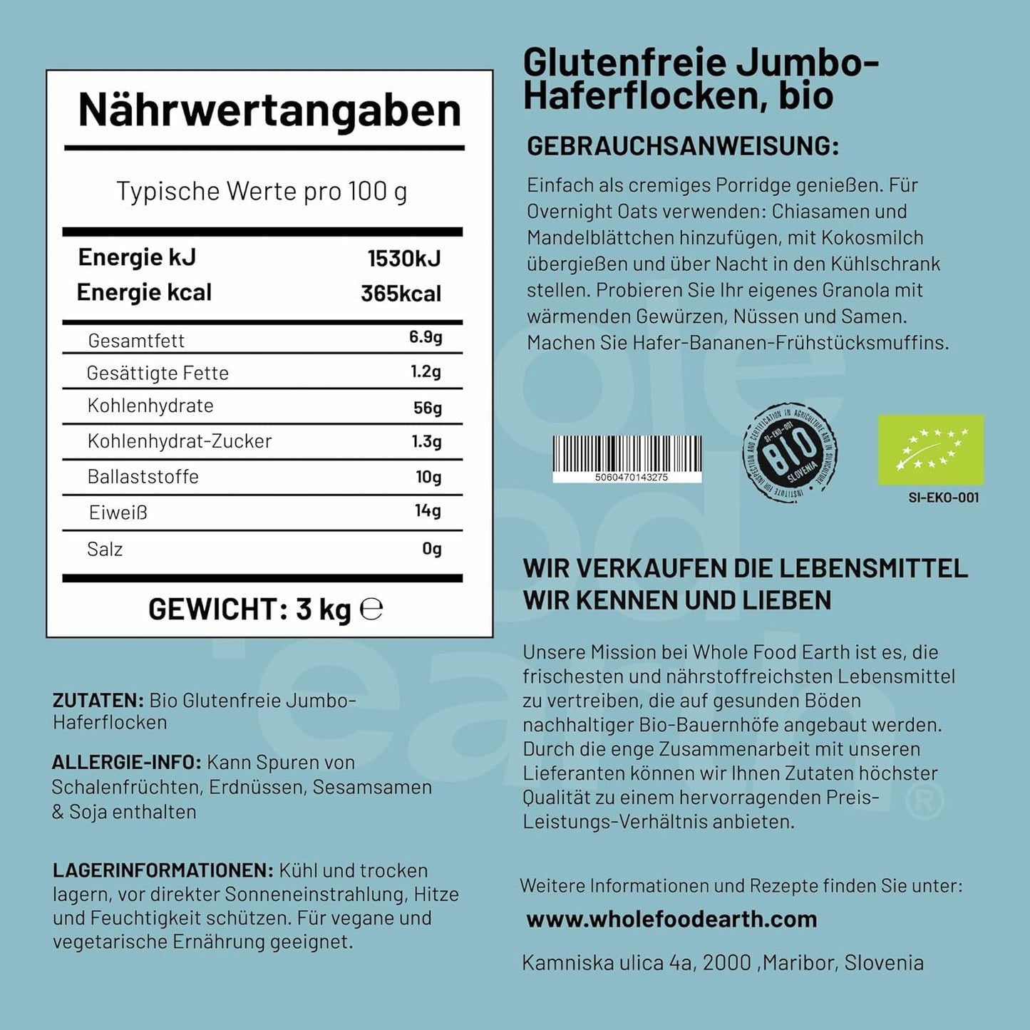 Wholefood Earth Organic Jumbo Havregryn, Glutenfri – 3 kg | Icke-GMO | Vegan | Rik på fibrer | Certifierad ekologisk