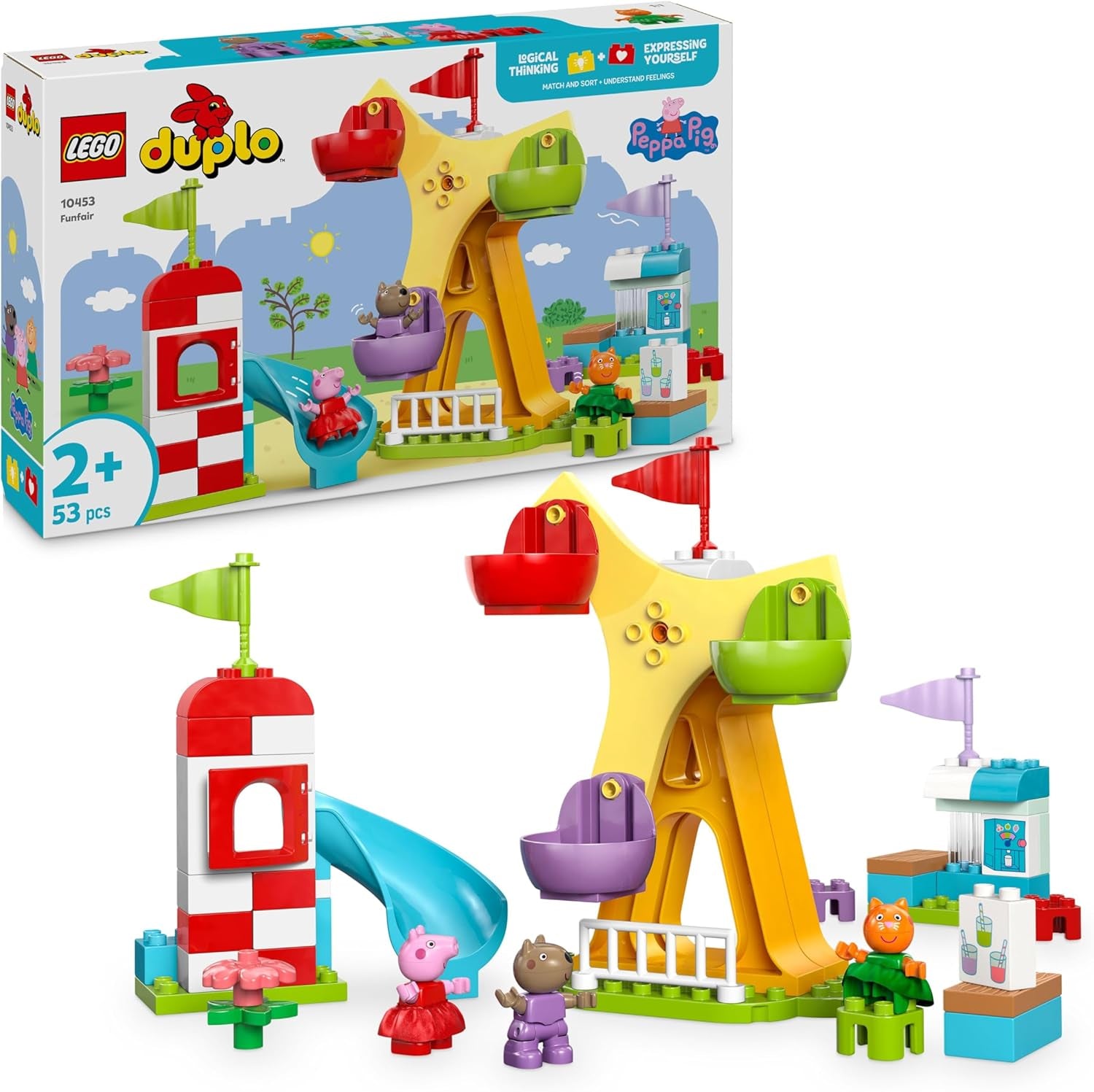 LEGO DUPLO Peppa Wutz Fairground - Barnleksaker och motoriska leksaker för åldrarna 2+ - Förskolespel med stort hjul, rutschkana och 3 figurer inklusive Mollie Kitty och Klausi Kläff - Present till barn 10453 Byggset Besuche den LEGO-Store Standardtitel