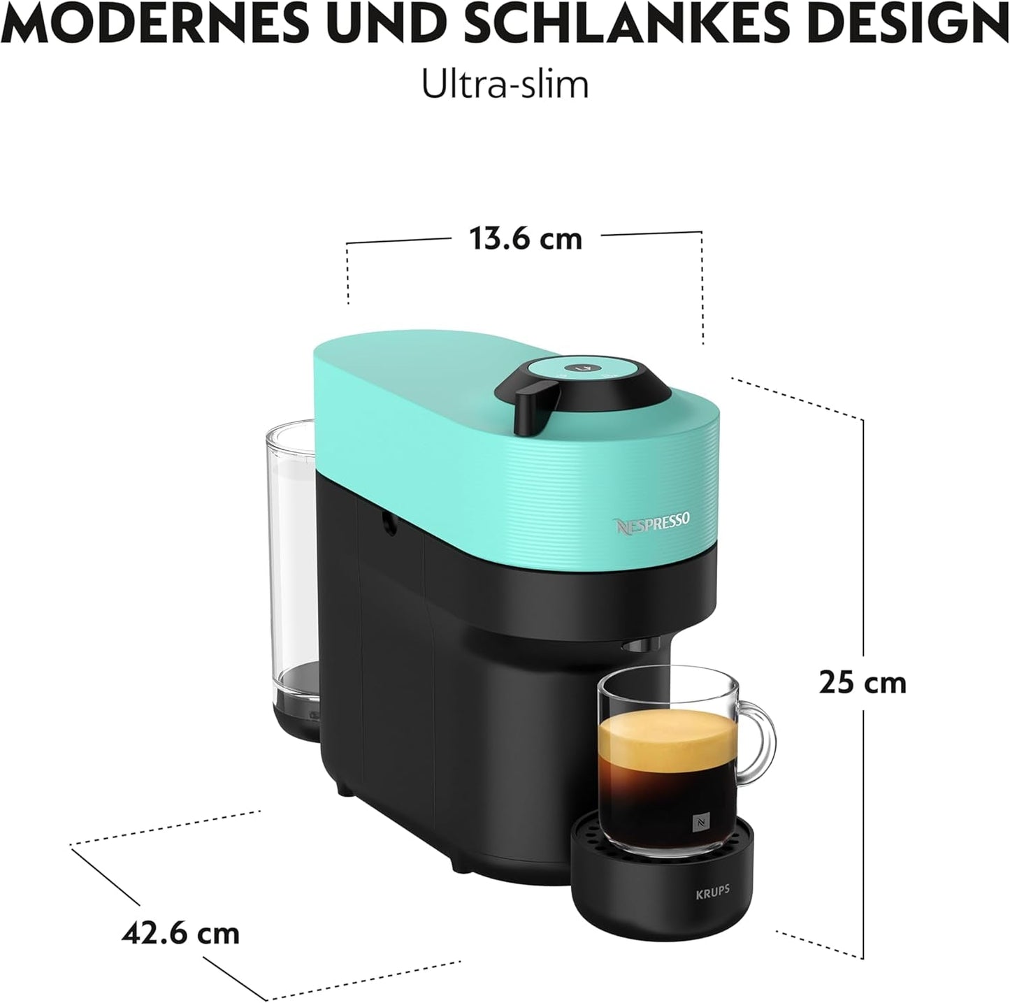 Espressomaskin med Nespresso Krups Vertuo Pop-kapslar, kapacitet: 560 ml, automatisk kapseligenkänning, one-touch-system, 4 koppstorlekar, förkortad uppvärmningstid, hållbar, Aqua Mint, XN9204
