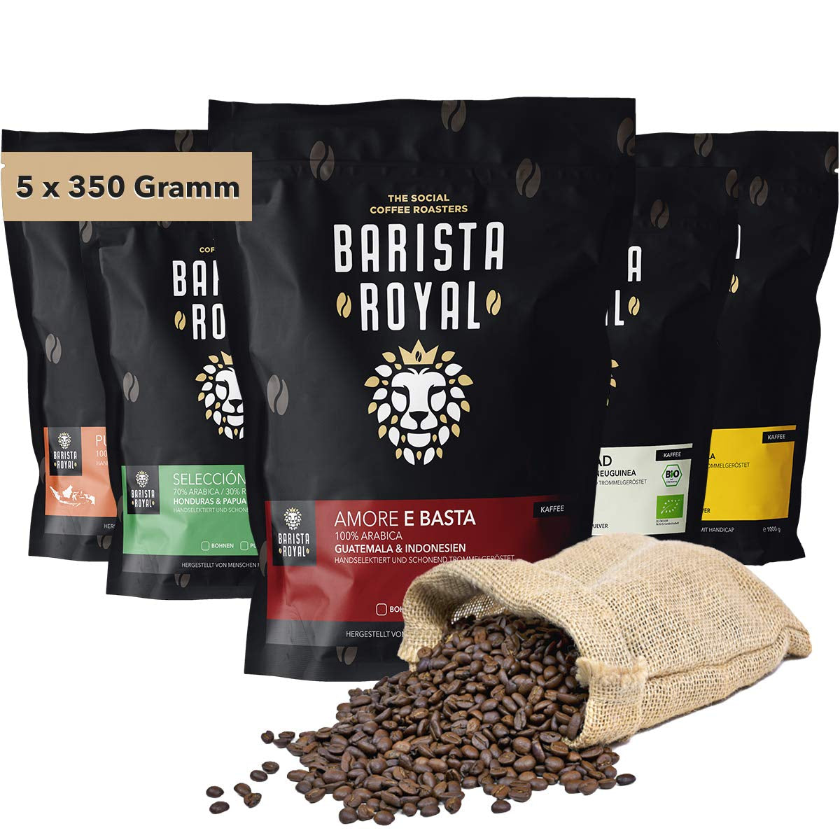 Hela bönor kaffeprovningsset 5 x 350g | Discovery Paket Kaffebönor i presentset | Arabiska | Rättvis handel | Vegan | Idealisk för automatiska espressomaskiner, filter-espressomaskiner, pour-over-espressomaskiner och franska pressar | KUNGLIG BARISTA