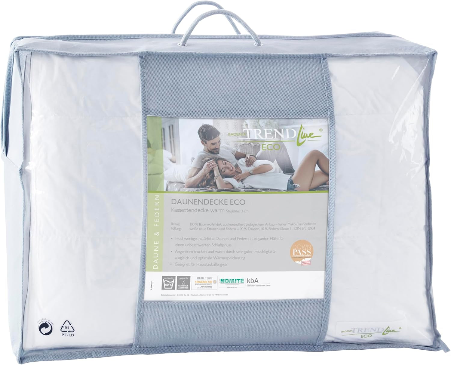 Badenia Trendline Eco varmt täcke med 90% dun och 10% fjädrar klass I, 135 X 200 cm, vit, Oeko-Tex certifierad, tillverkad i enlighet med tysk kvalitetsstandard Täcken och täcken Naty Shop