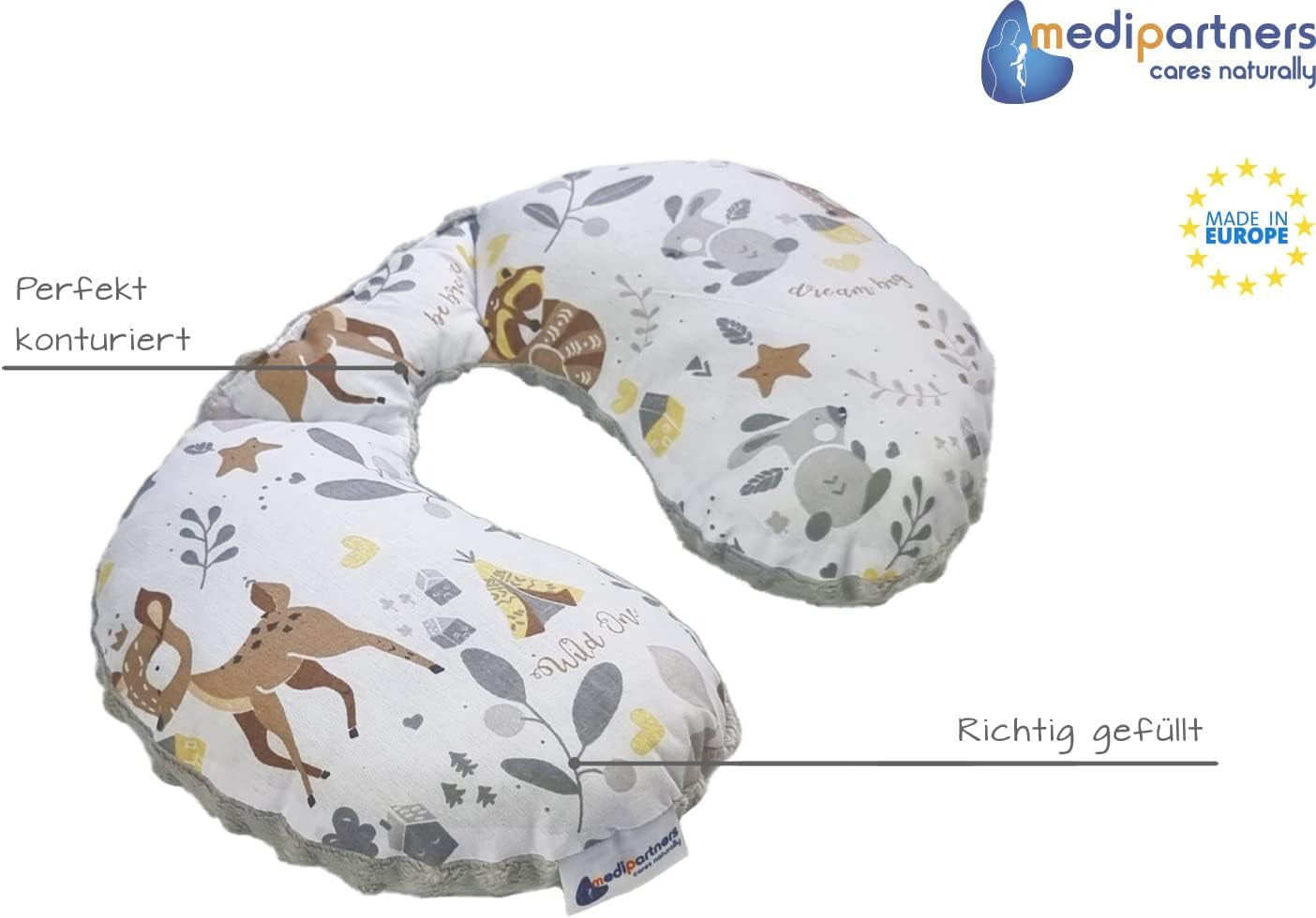 Medi Partners Baby Nackkudde Nackstöd 100% Bomull / Minky Baby Nackkudde för bilvagn Resor Sömn Nackkudde Snooze Roll (REH med Grå Minky) Cervikala ortopediska kuddar Naty Shop