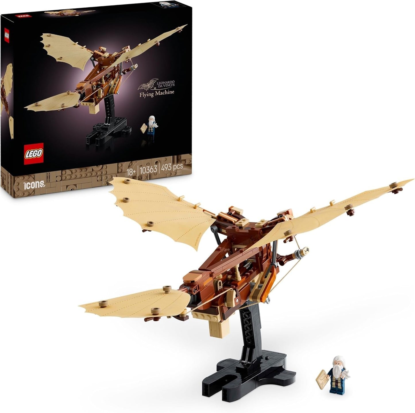 LEGO Icons Leonardo Da Vincis flygmaskin med flaxande vingar - Inkluderar minifigur och stativ - Byggset för vuxna - Heminredningsset - Presentidé - 10363 Byggset Besuche den LEGO-Store Standardtitel