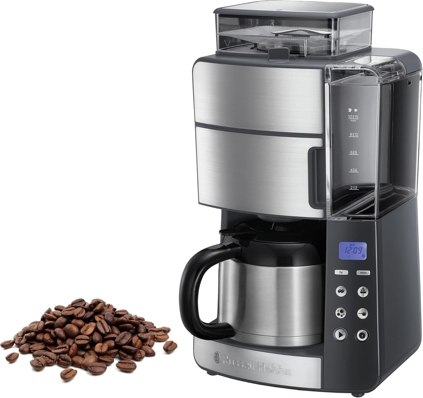 Russell Hobbs kaffebryggare med kvarn och termisk karaff [Digital timer, duschhuvud för optimal extraktion och arom] Grind&Brew (1-10 koppar, 3 malningsinställningar) Filterkaffebryggare 25620-56