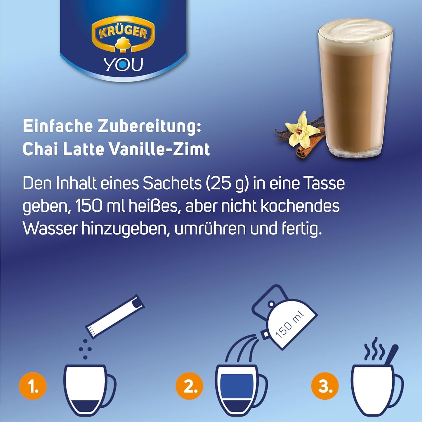 KRÜGER YOU Chai Latte Vaniljkanel, omedelbar förberedelse för mjölkdrycker, smaksatt med vanilj och kanel, 250 g (10 påsar à 25 g)