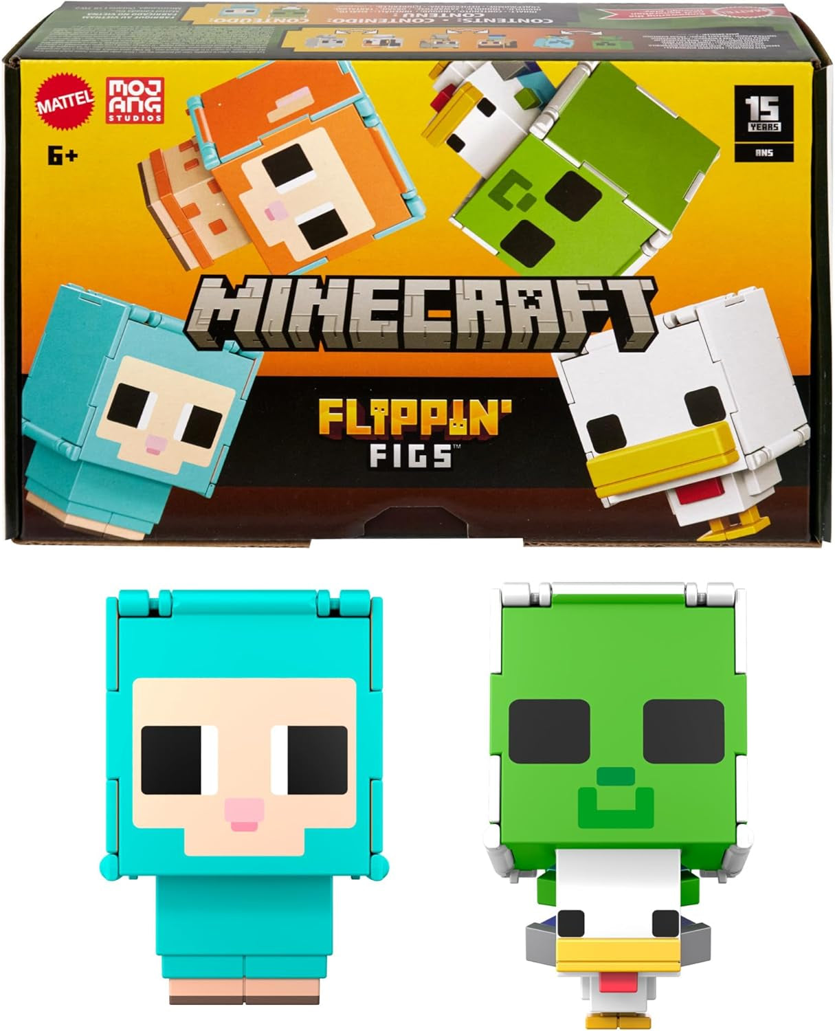 Mattel Minecraft Flippin' Figs får och kyckling 2-pack med 2-i-1 lekfigurer, stora huvuden och pixeldesign HXK17 actionfigurer Naty Shop får och kyckling