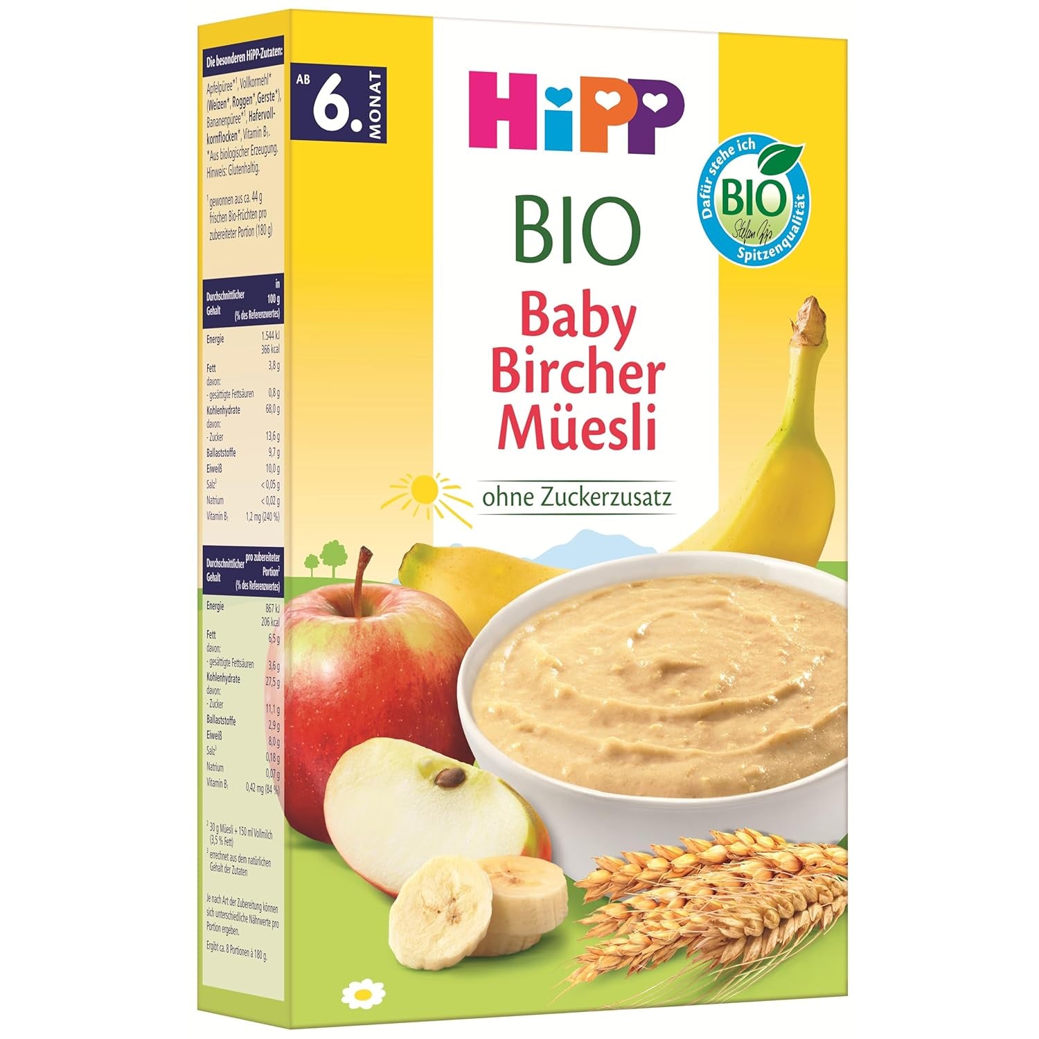 HiPP Müsli Bircher för ekologiska bebisar (8 x 250g), från 6 månader, utan tillsatt socker, extra mjuka flingor - lättsmält frukost av bästa ekologiska kvalitet
