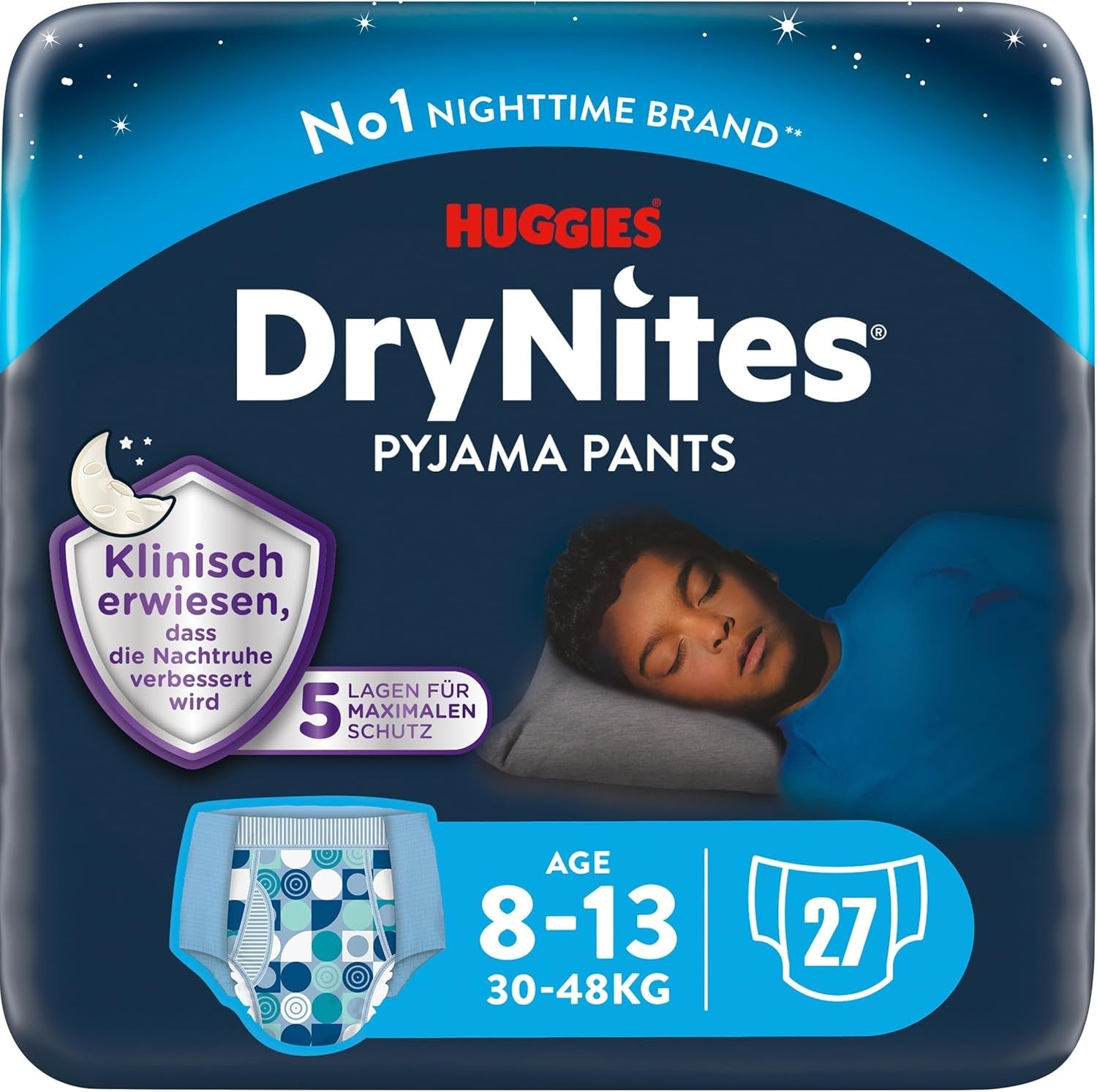 Huggies DryNites Superabsorberande nattblöjor för pojkar 8-13 år (30-48 kg) 27 Count (3 x 9 Count) Trosblöjor