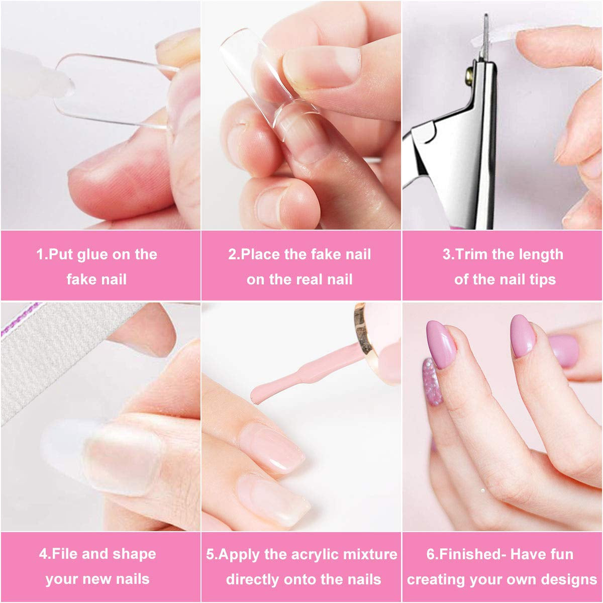 Falska Naglar 500st Naturlig Färg Konstgjorda Falska Naglar 10 storlekar DIY Akryl Med Box Nagelborste Nagelbandsskjutare Nagelfil
