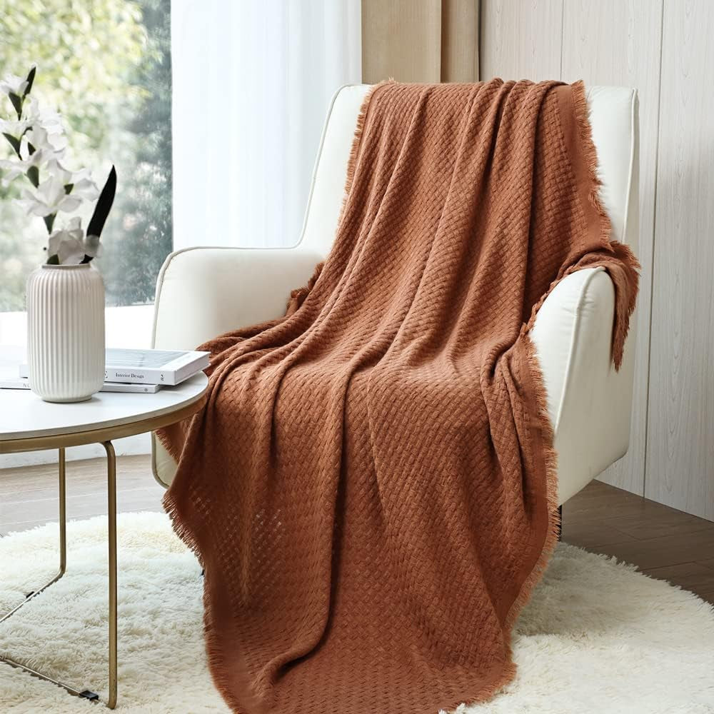 CREVENT roststickad filt för soffa Soffa Stol Säng Heminredning Mjuk Varm Mysig Lätt Vår Sommar Höst (127,8 X 152,4 cm Karamell / Brun / Bränt Orange) CREVENT Caramel Våffelsängar och filtar
