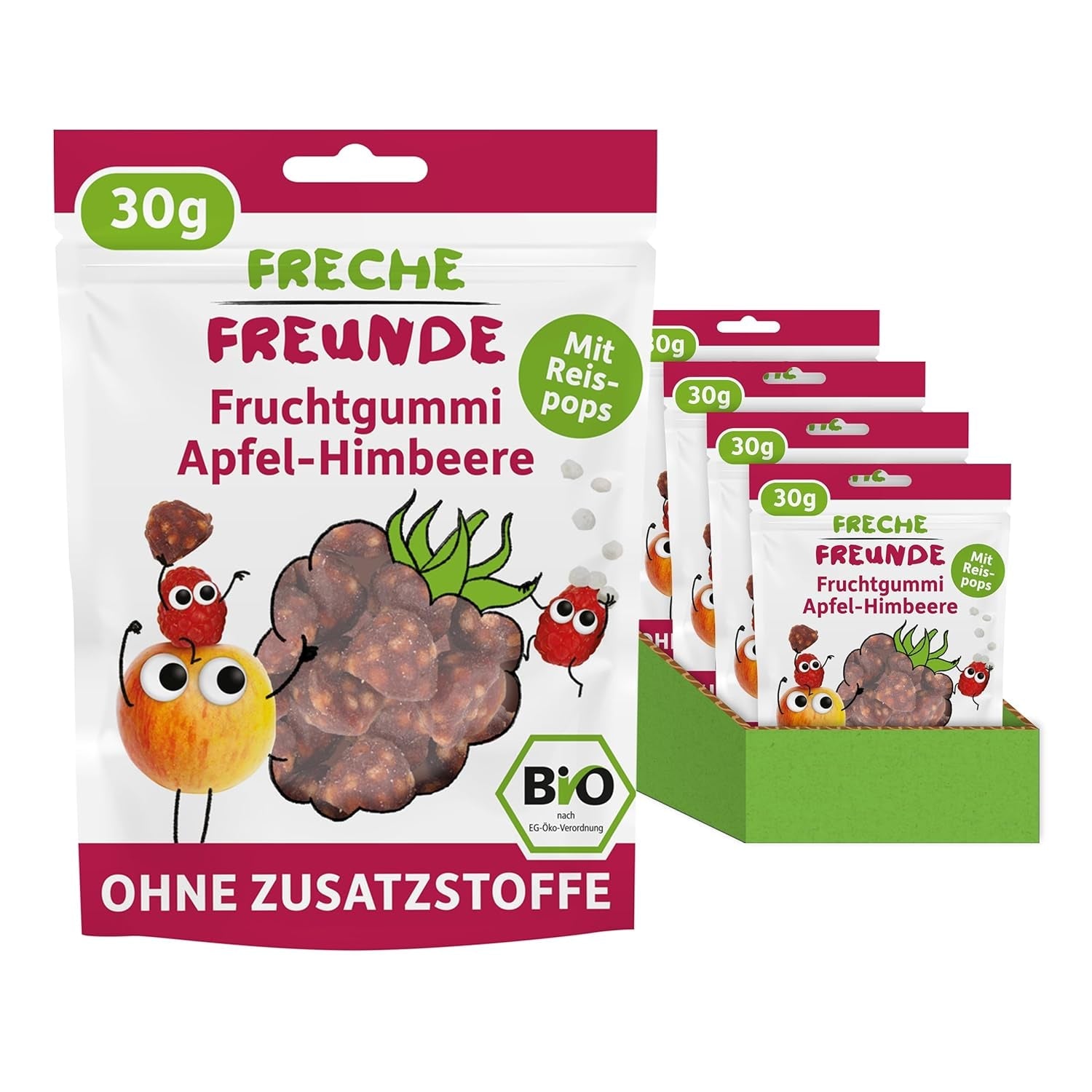 FRECHE FREUNDE Ekologiska fruktgeléer, äppel-, hallon- och risklubbor, fruktigt sött mellanmål för barn, glutenfritt, veganskt, paket med 20 (20 x 30 g)