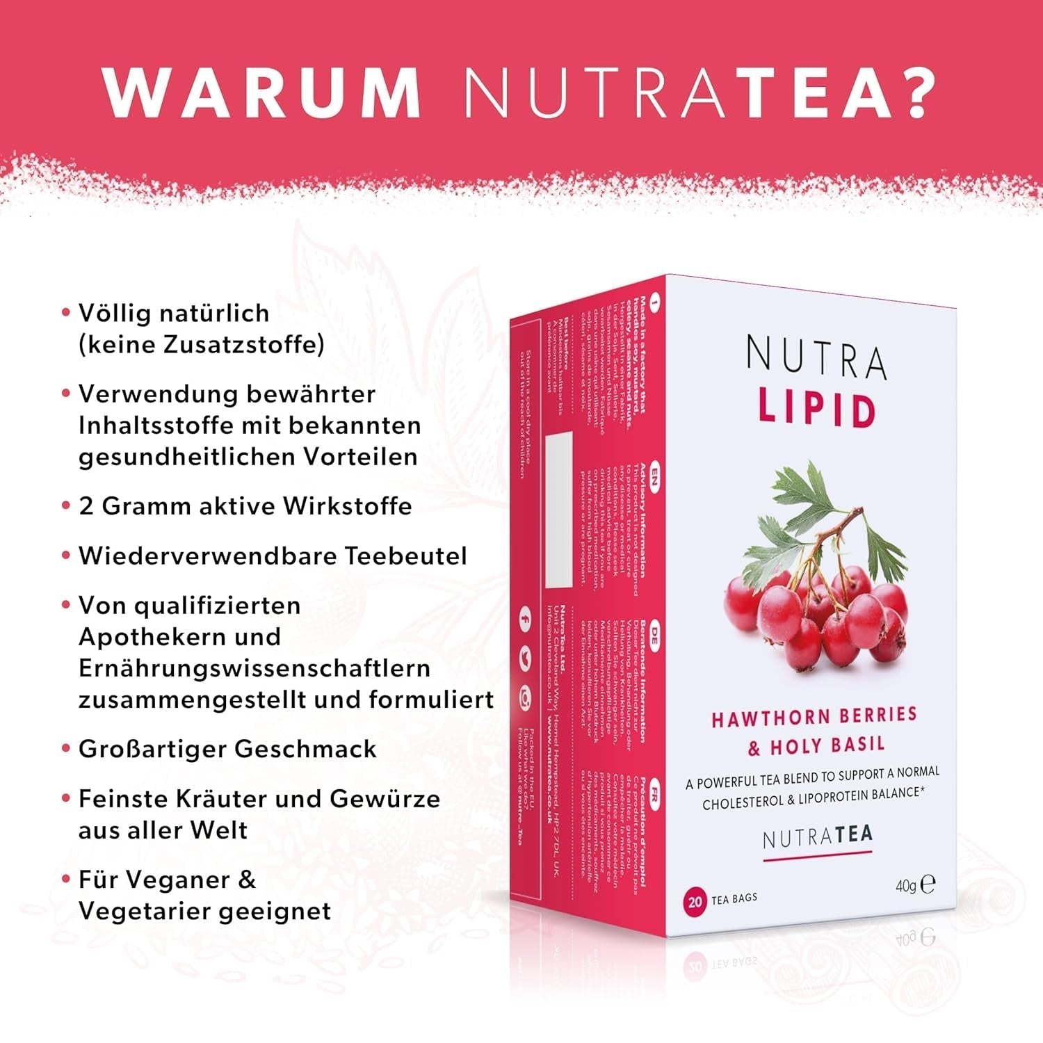 Nutra Tea NUTRALIPID, Blodsockerbalanserande te Hjälper till att upprätthålla blodsockernivåerna, Bantningste Förbättrar ämnesomsättningen och kan dämpa aptiten, 20 återanvändbara tepåsar