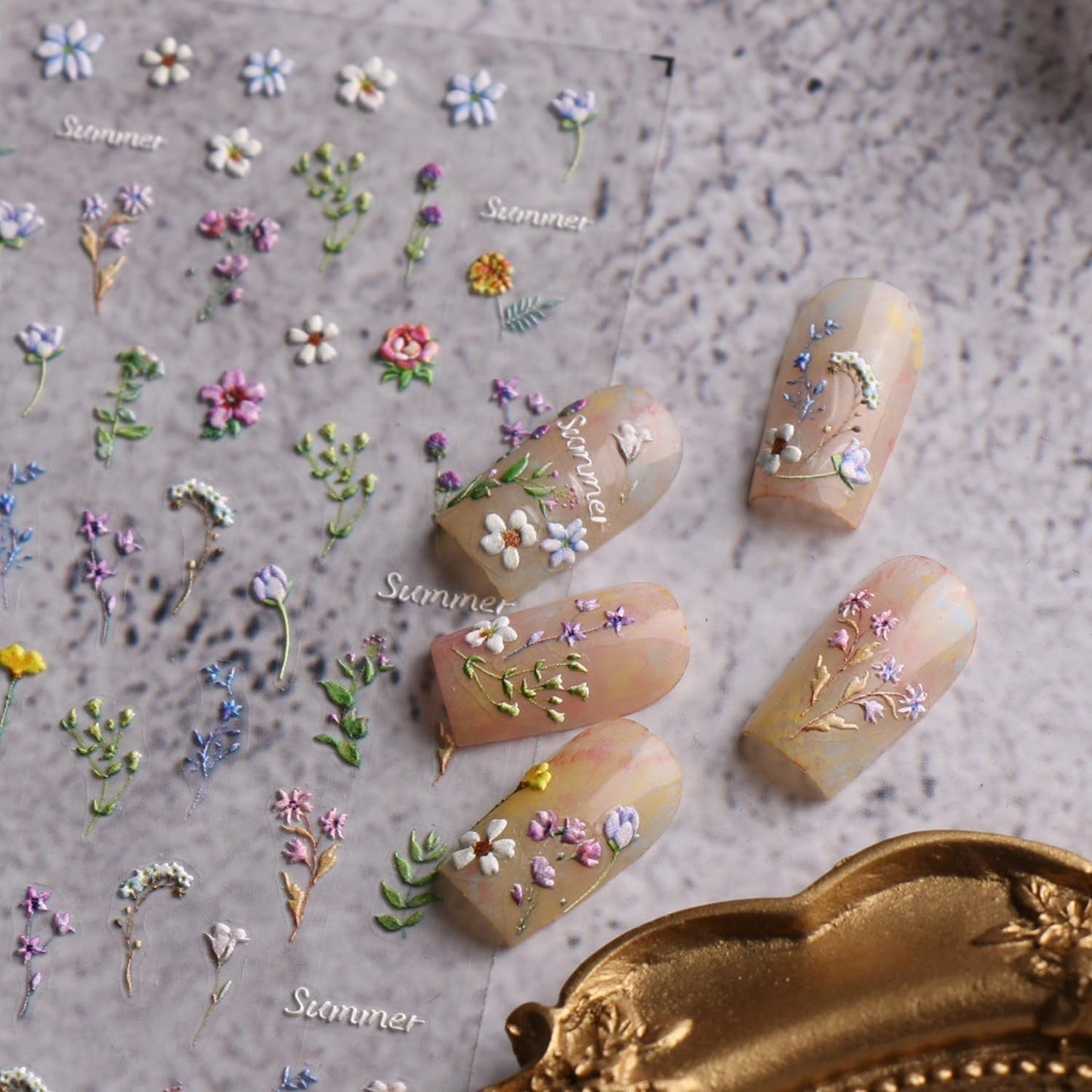 JMEOWIO 3D Nagelsticker Blume Frühling Sommer Floral Nail Art Sticker Selbstklebend Nagelaufkleber 5D Stereoskopisk Dekoration Nageldesign Zubehör 1 Blatt