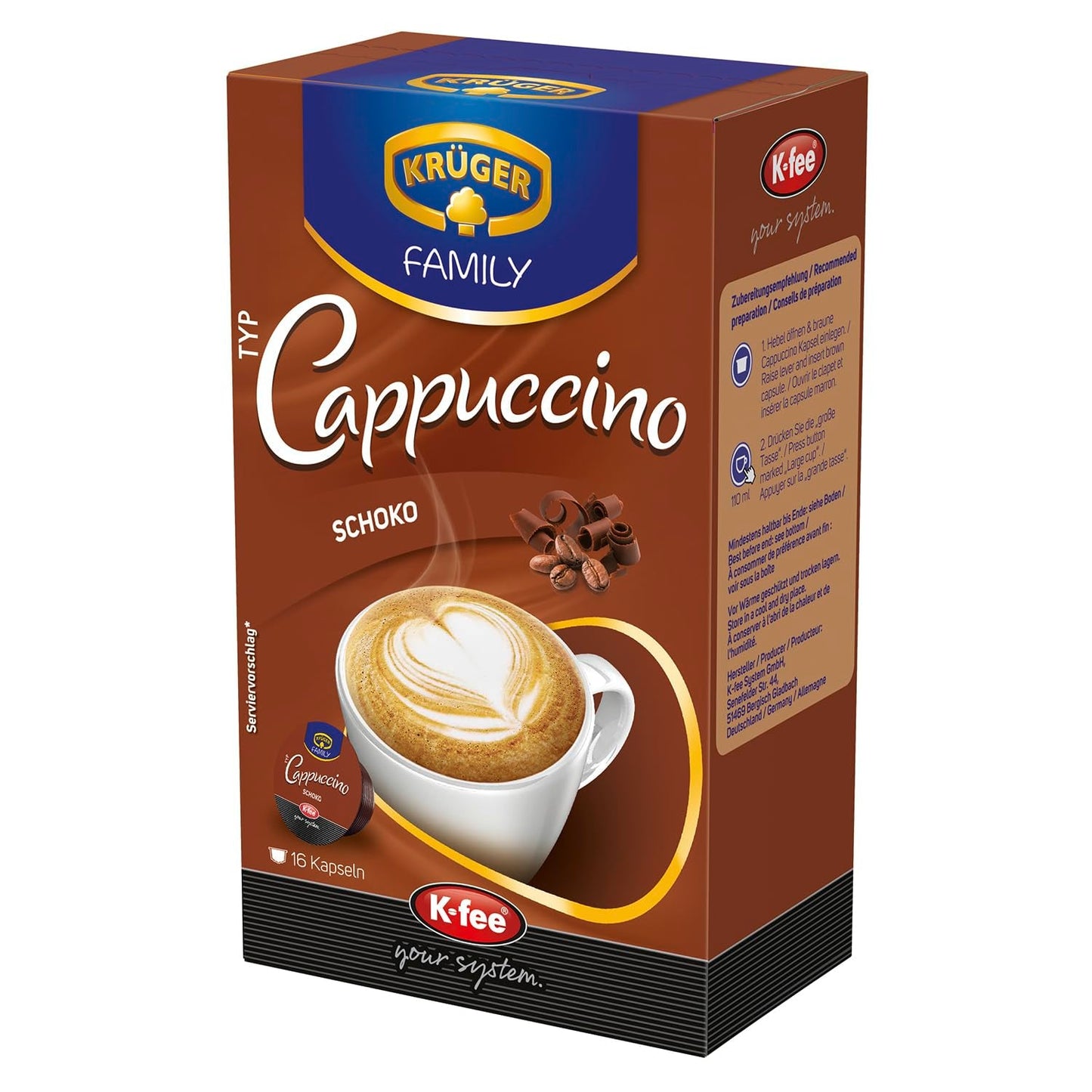 KRÜGER Cappuccino Schoko kaffekapslar, kompatibla med K-fee och ALDI EXPRESSI* Kapselmaschinen, smaksatt snabbkaffe, 96 kapslar
