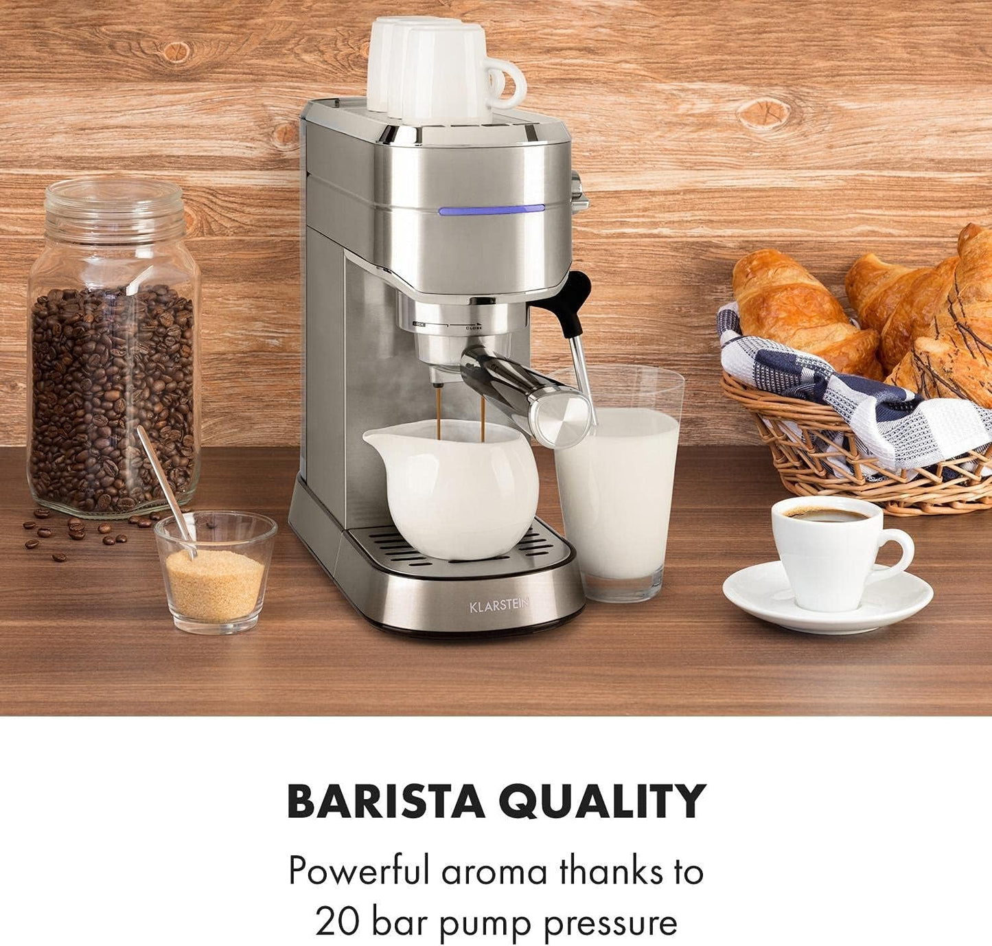 Klarstein Futura Espressomaskin, Portable Filter Espresso Machine, 1450 W, 20 bar, Barista Quality, Dubbelmunstycke, Flow Stop, Portable Filter Espresso Machine, Mjölkskummare Funktion, Silver
