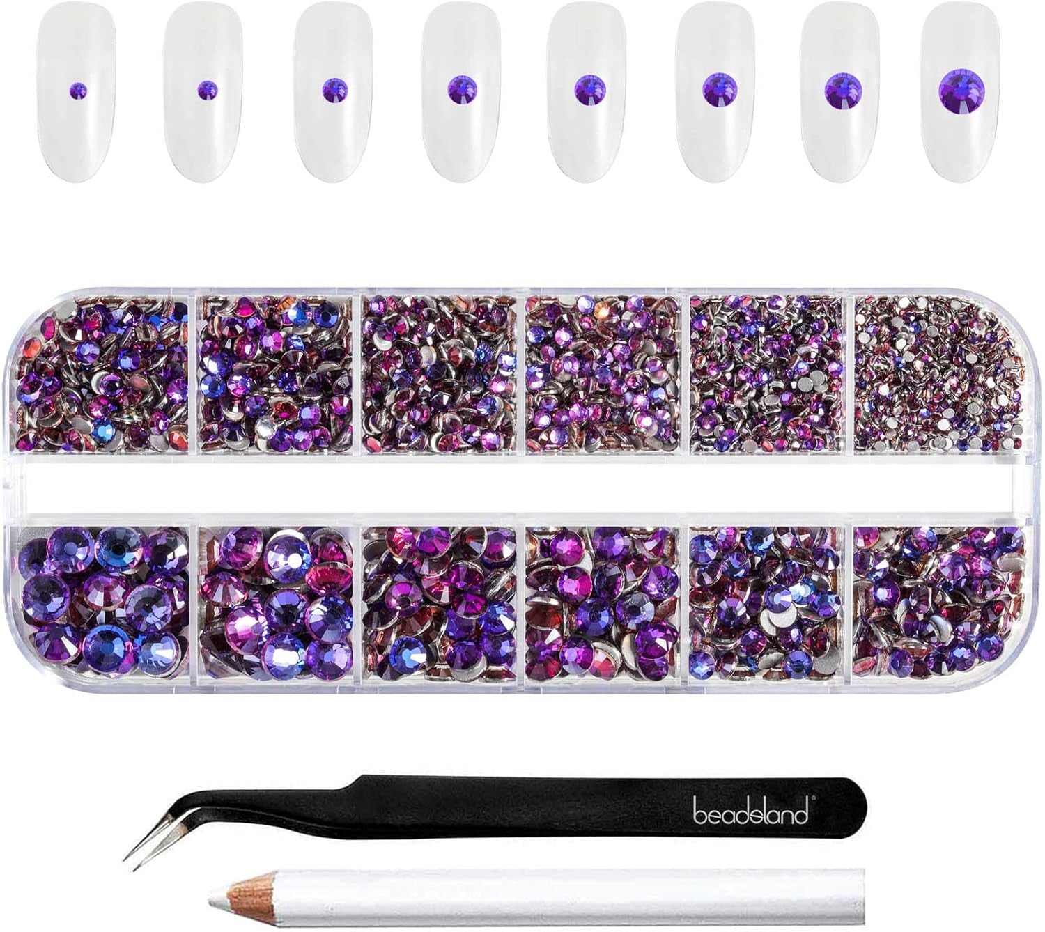 Beadsland 2500st Glas Nailart Strasssteine ​​​​Kristall Flatback Edelsteine ​​​​Runde, ​​Für Handwerk Gemischt 8 Größen SS4 ~ SS30 Mit Picking Pinzette Und Stift (Kristall Weiss)