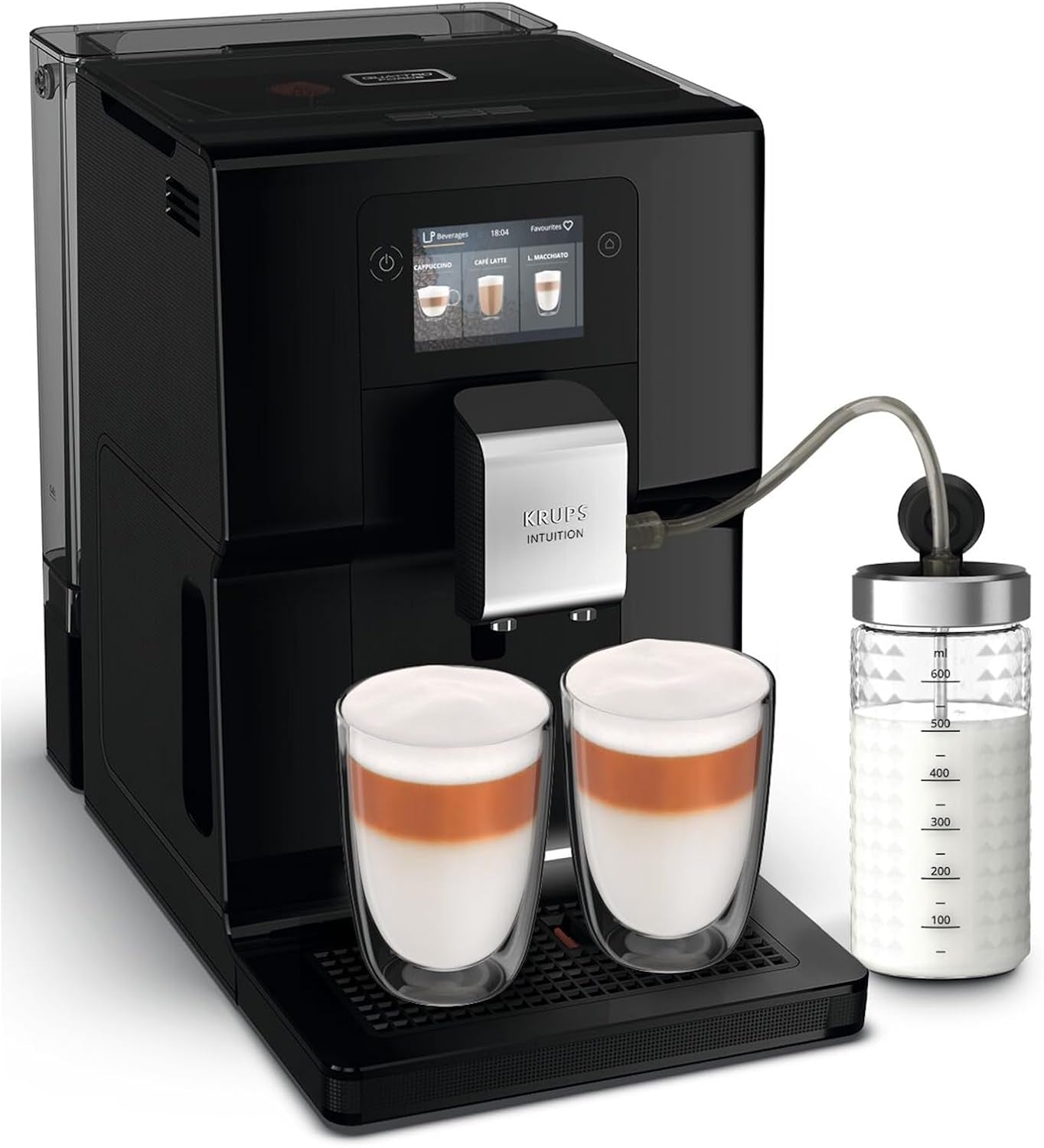 Krups Intuition Preference helautomatisk espressomaskin med smartphone-liknande funktion, 3,5" färgpekskärm, Smart Slide-teknik, intuitivt belysningssystem, 11 drycker, mjölkbehållare, EA873810
