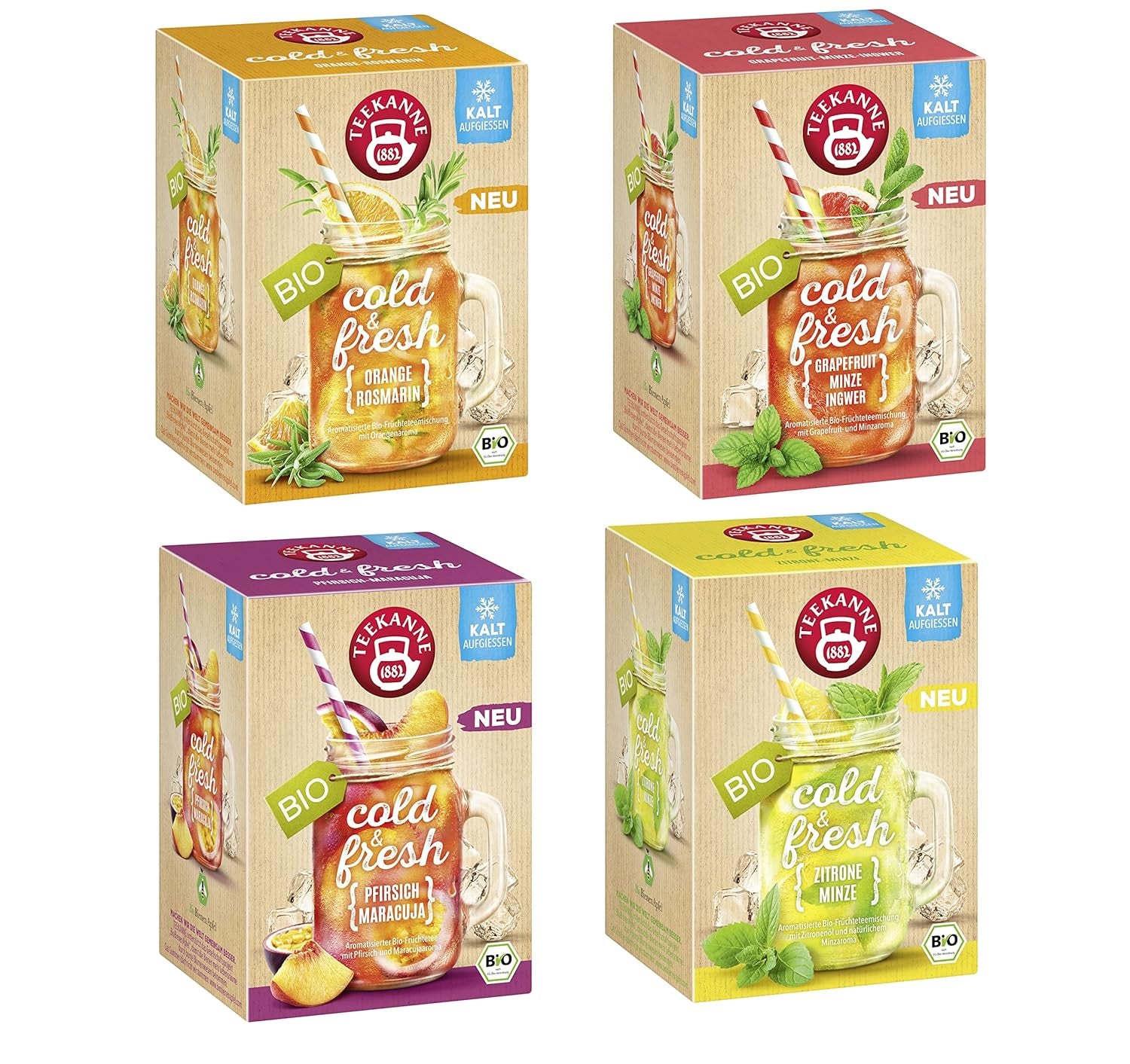 Teekanne Cold & Fresh BIO 4Er Mix - Med de nya varianterna citron-mint, persika-maracuja, apelsin-rosmarin, grapefrukt-mint-ingfära (4 X 45G)