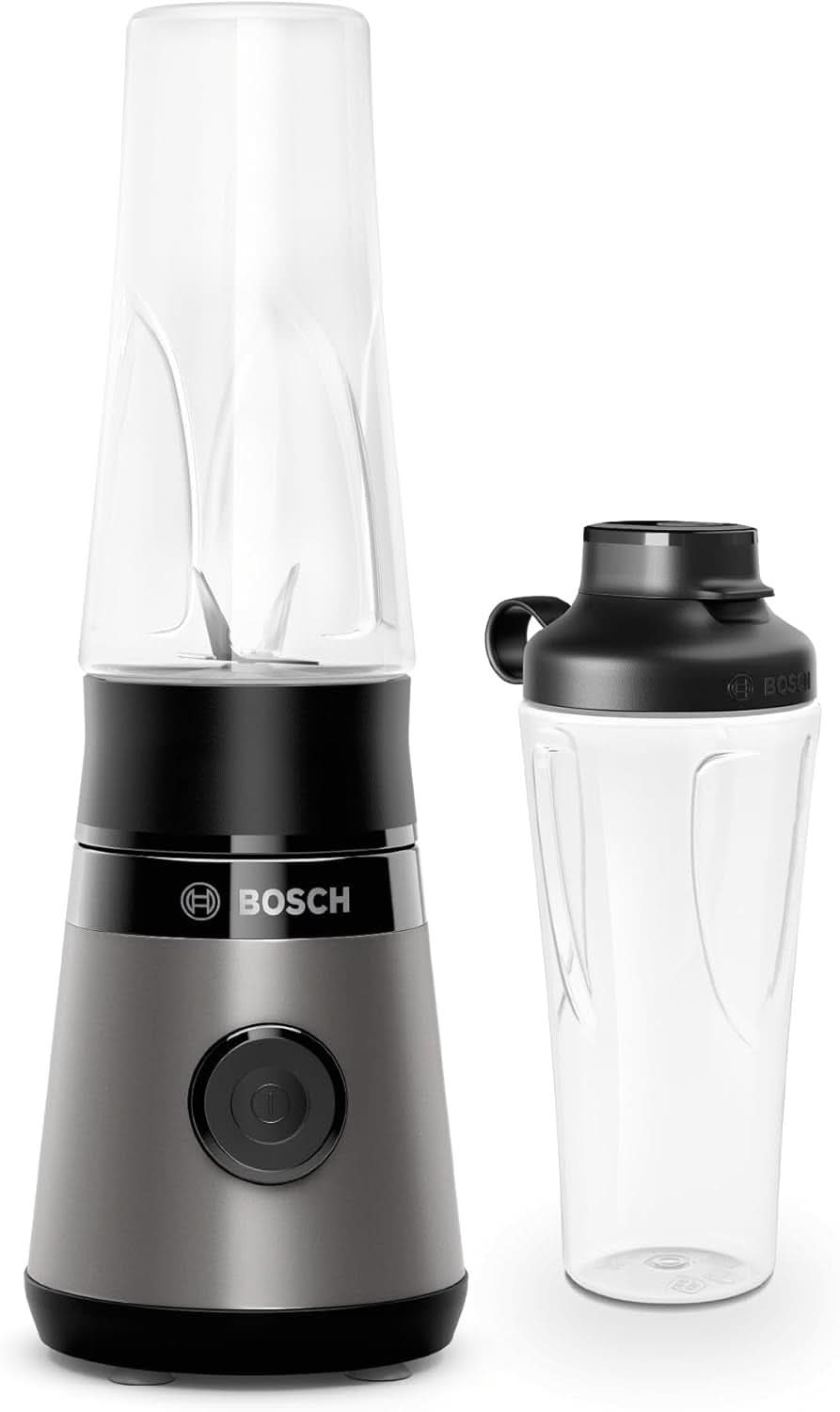 Bosch Mini-Standmixer Vitapower Serie 2 MMB2111S, Highspeed-Mixer, Bis Zu 40 000 Rpm, Tritan Togo-Flasche 0,6 L, Trinkdeckel, Bruchsicher, Spülmasch.Geeignete Teile, 450W, Silber/Schwarz Kitchen Naty Shop Single Schwarz