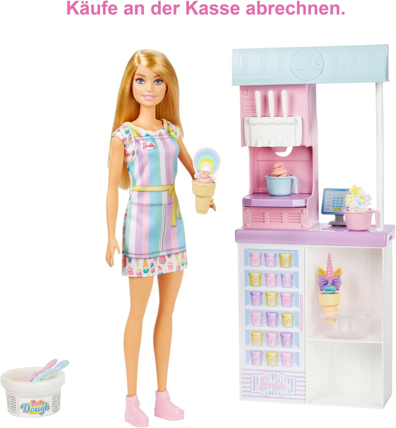 Barbie You Can Be Anything-serien, glassbar, 1 x blond hårbarbiedocka, glassmaskin, Barbie Play-Doh, baktillbehör, barngåva, leksak för 3+ år, HCN46