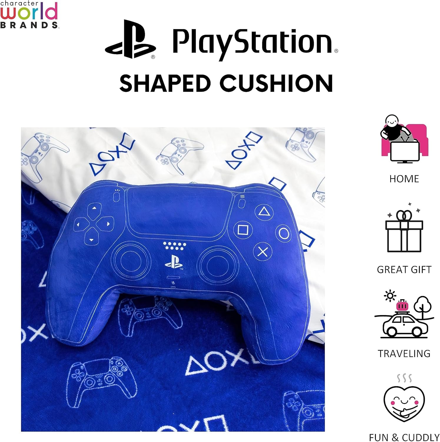 Character World: Officiellt licensierad Playstation Controller-formad kudde, handenhetsdesign, fylld plyschkudde | Perfekt för sovrums- eller lekinredning, blå Naty Shop standardkuddar
