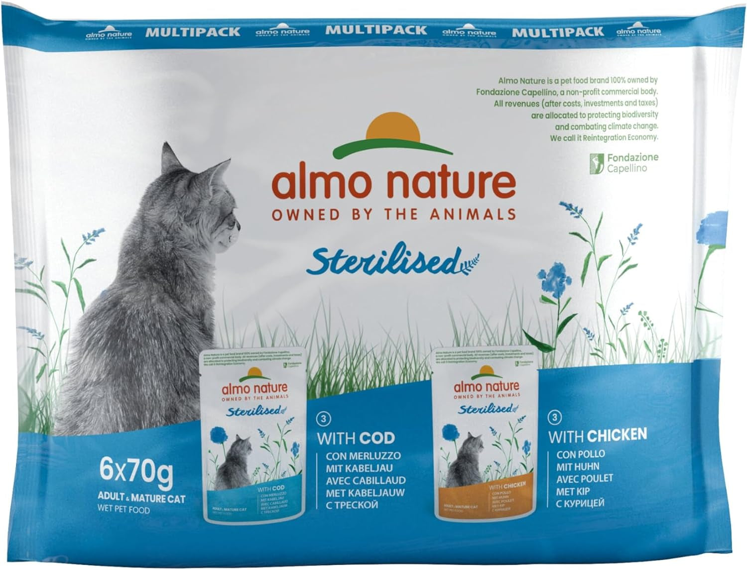 Almo Nature Functional - Steriliserad - Våtfoder för vuxna och äldre katter, steriliserad eller mindre aktiv - med torsk och kyckling - Låg fetthalt, återfuktande - 70g (pack med 6)
