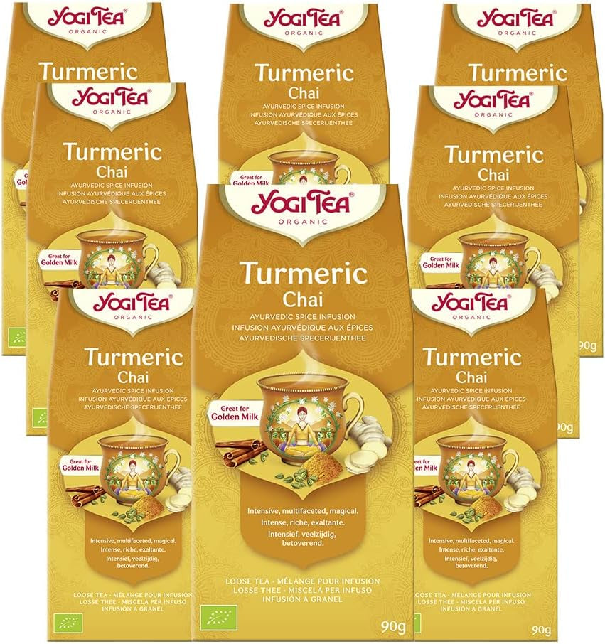Yogi Tea - Kurkuma Chai Ekologiskt kryddat ayurvediskt te Koffeinfritt Gurkmeja Kanel Ingefärsblandning Yogi Te Lös 8 x 90 g (720 g) Förpackning Idealisk present