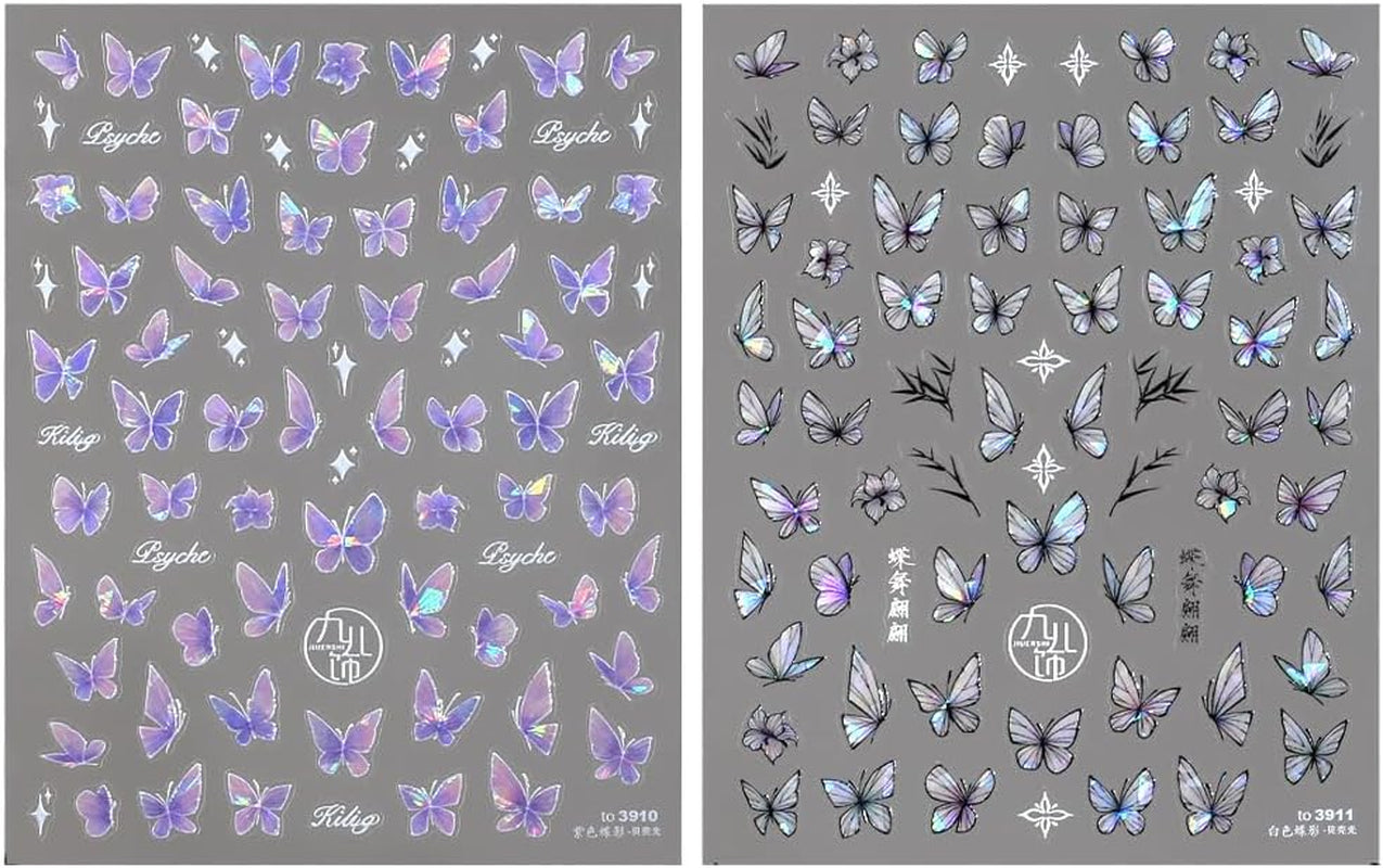 2 Blätter Schmetterling Nagelsticker Selbstklebend,Muschel Glitzer Nail Art Butterfly Nagelsticker Lila Grau Schmetterlinge Nagelaufkleber Relief Laser Butterflies Nagel Sticker Nageldesign Zubehör