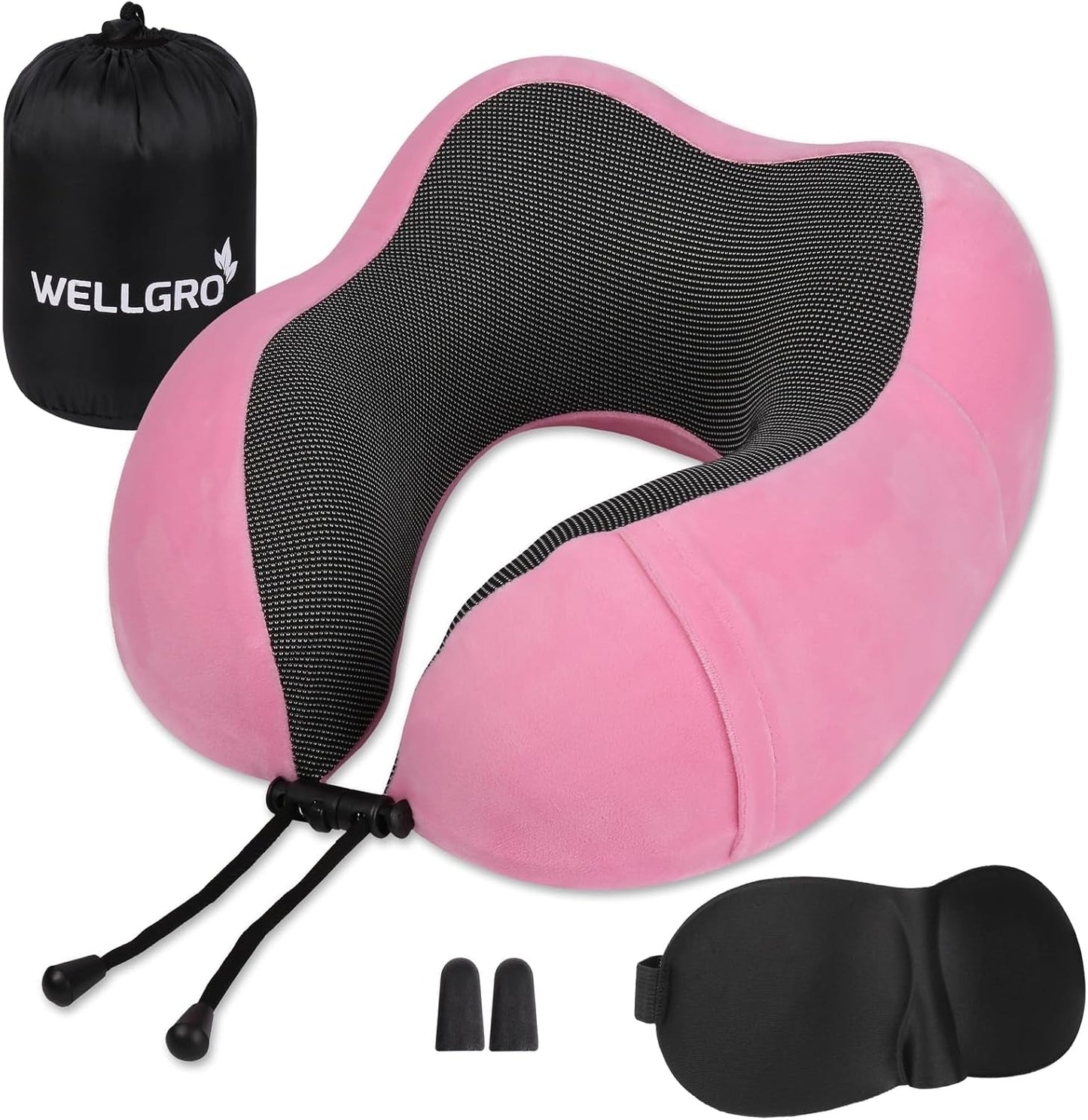WELLGRO nackkuddsset med 3D-sömnmask och öronproppar - Avtagbart skydd - Memory Foam - Dragkedja - Inklusive förvaringsväska - Resekudde - Valbar färg, Färg:Grå Naty Shop Rosa ortopediska livmoderskuddskuddar