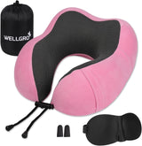 WELLGRO nackkuddsset med 3D-sömnmask och öronproppar - Avtagbart skydd - Memory Foam - Dragkedja - Inklusive förvaringsväska - Resekudde - Valbar färg, Färg:Grå Naty Shop Rosa ortopediska livmoderskuddskuddar