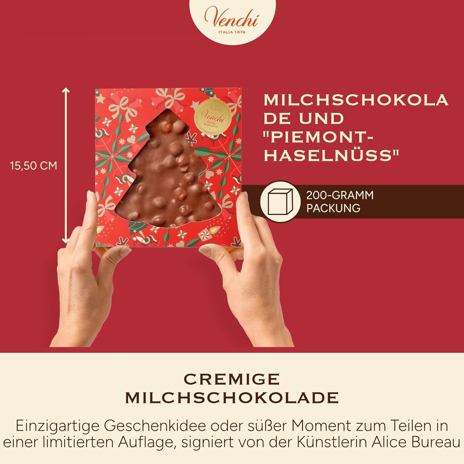 Venchi, Brutto&Buono, Handgjord "Piedmont Forest Hazelnut" Gran Tree Shaped Milk Chocolate Bar, 200 g, Glutenfri, Limited Edition Christmas Collection, Present Idé