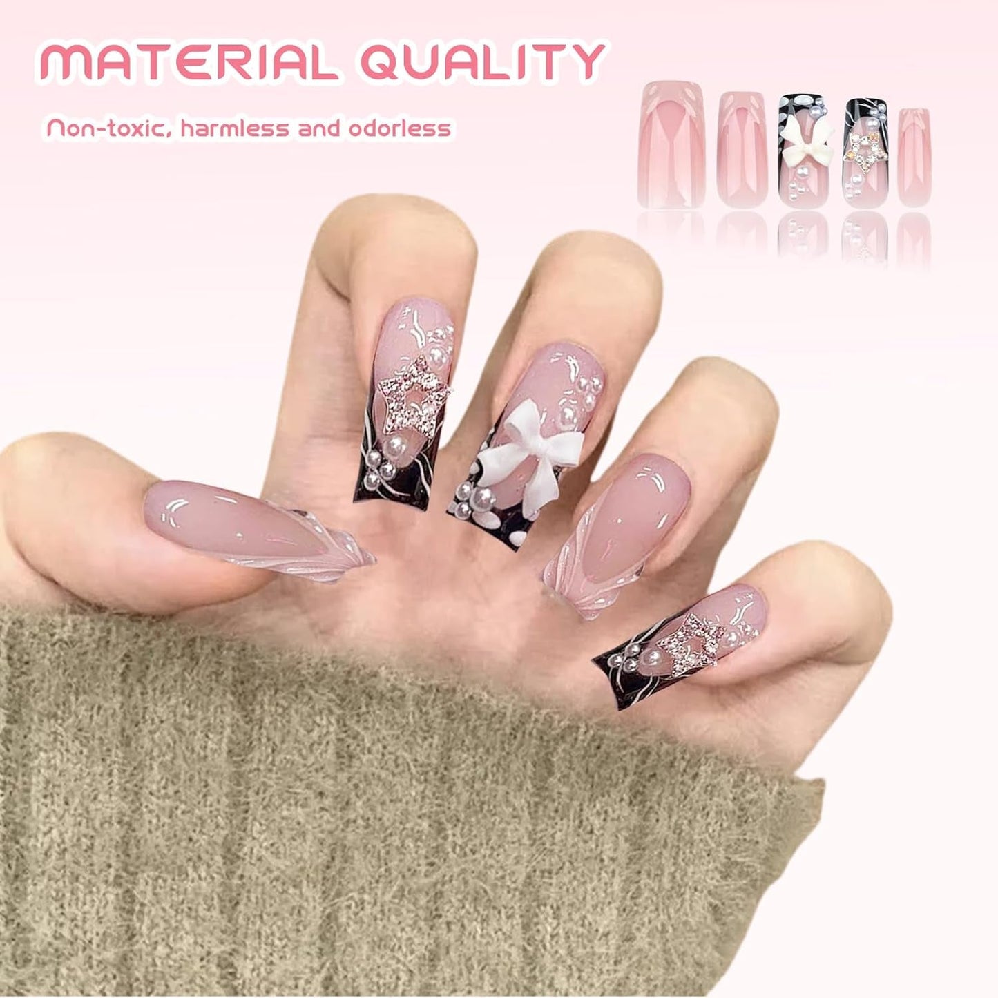 24st Medellängd Rhinestone Pink Square Pearl Glitter 3D lösnaglar för kvinnor tjejer