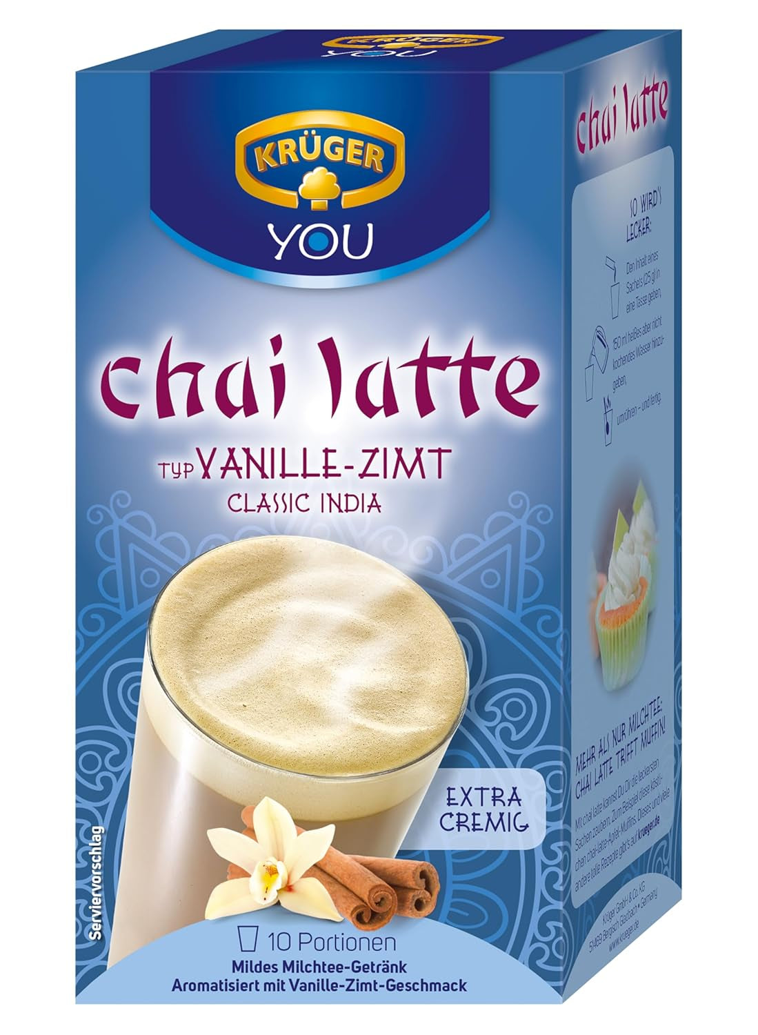 KRÜGER YOU Chai Latte Vaniljkanel, omedelbar förberedelse för mjölkdrycker, smaksatt med vanilj och kanel, 250 g (10 påsar à 25 g)