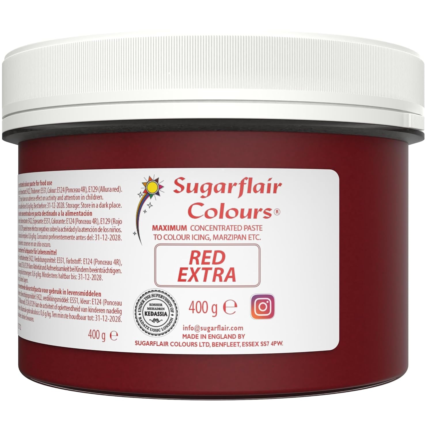 Matfärg Sugarflair Max Concentrated Röd, högkoncentrerad matfärg för marsipan och fondant, pastafärgning Max Concentrated - 400 g